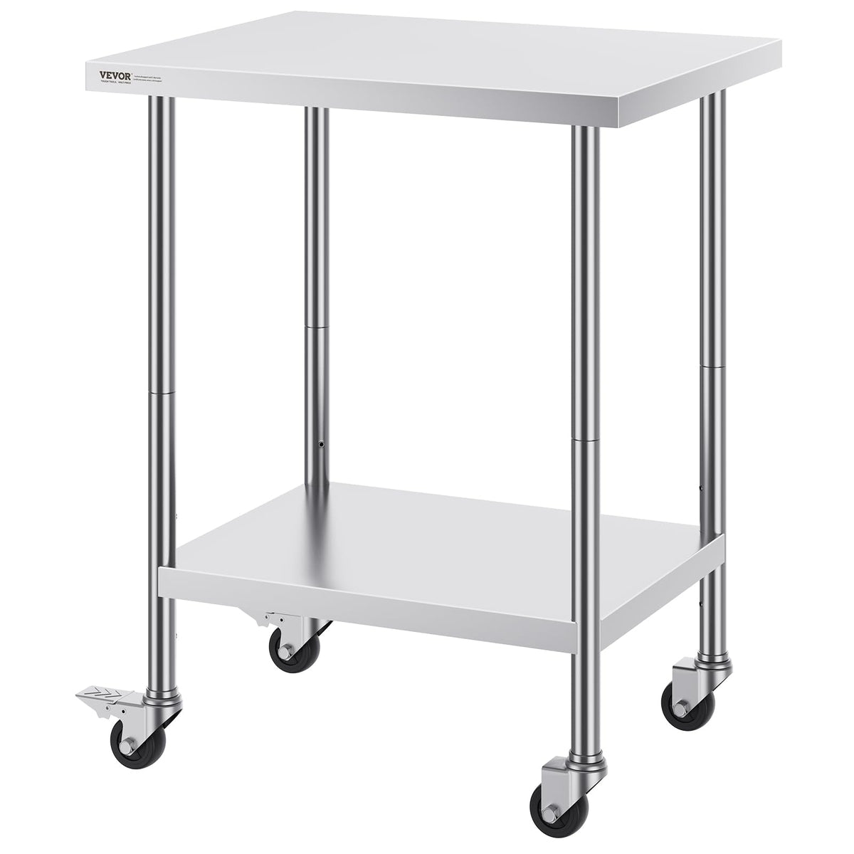 VEVOR Stainless Steel Work Table 24 x 30 x 38 Inch, with 4 Wheels, 3 Adjustable Height Levels, Heavy Duty Food Prep Worktable for Commercial Kitchen Restaurant, Silver
