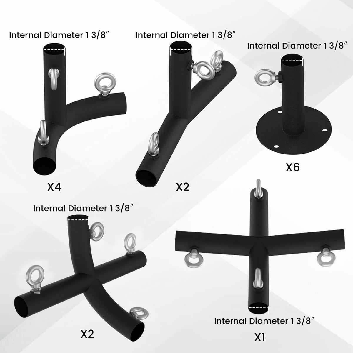 Neorexon 1 3/8'' Canopy Fittings for 6 Leg Carport Frame Parts, Black Canopy Pipe Fittings with Eye Bolts, Carport Frame Kit Low Peak Connectors with 156 Degree Angle(15Pcs)