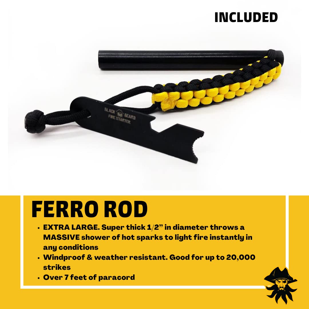 Black Beard Captain's Loot Fire Starter Kit with Ferro Rod & Fire Starter Rope | Fast Lighting Fire Starter Kit for Campfires (Waterproof & Windproof) | Infinite Shelf Life for Emergency Survival Kits