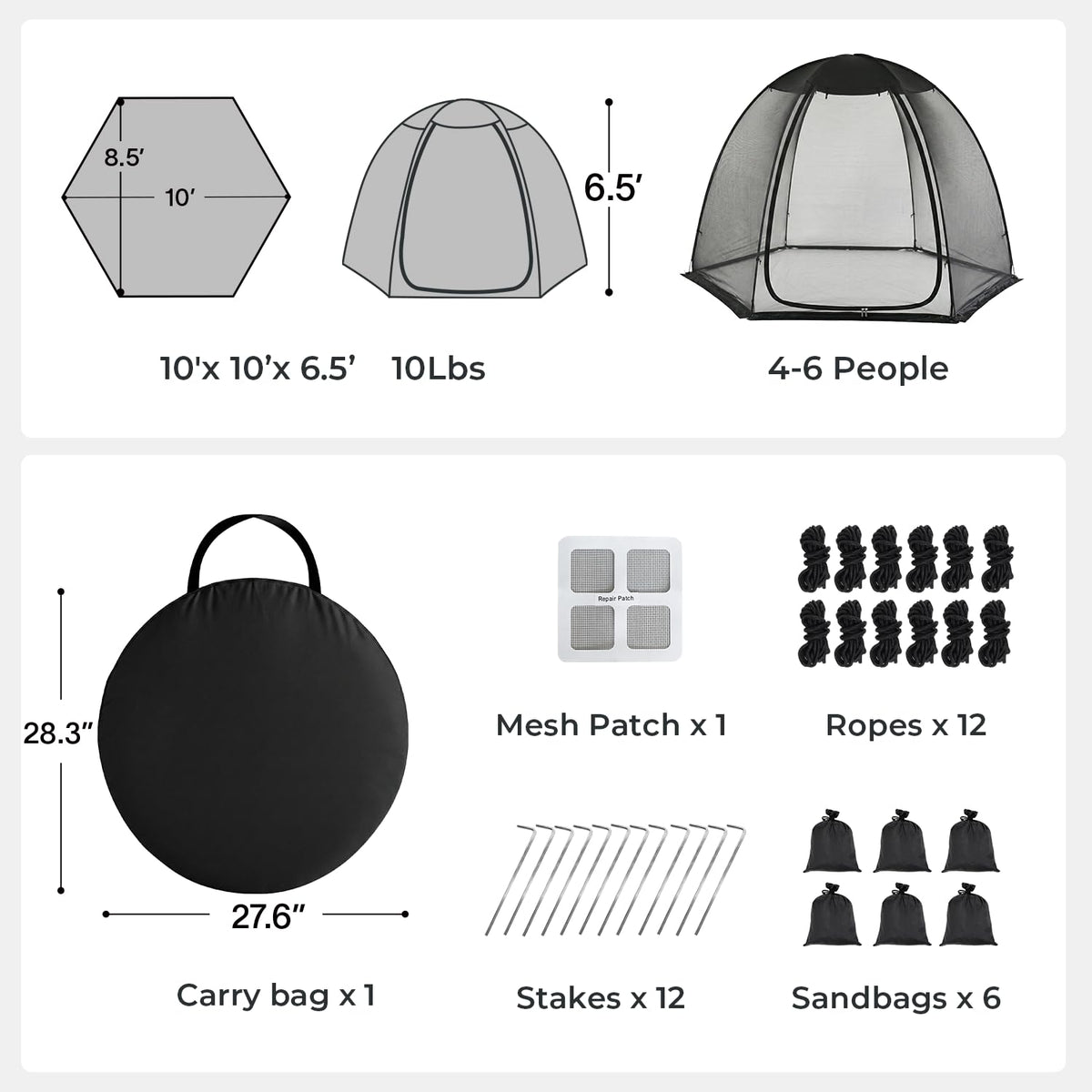 Alvantor® Pop Up Screen House Tent 10x10 FT, Snap-fit Black Mesh Screen Gazebo with Peaked Roof, Portable Screen Room Canopy Shelter with Sandbags for Camping, Backyard, Picnic