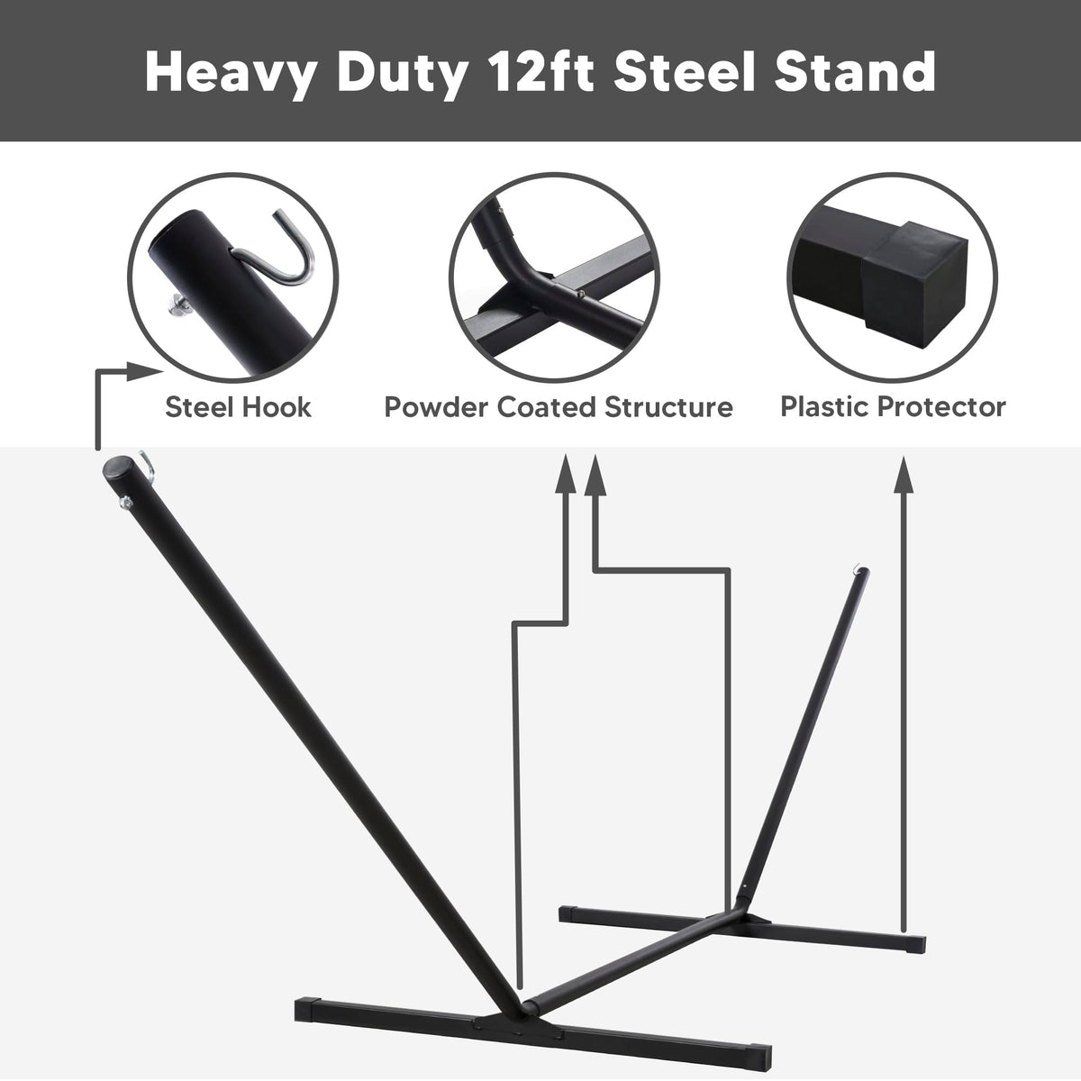 SUNCREAT Hammocks for Outside with Stand, Extra Large Double Hammocks 2 Person Heavy Duty, 450 lbs Capacity, Dark Gray