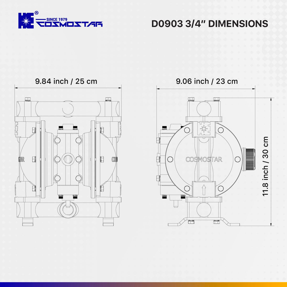 COSMOSTAR D0903 3/4" Double Air Diaphragm Pump, Aluminum Body, Teflon Ball, seat and Diaphragm, Pump Muffler, Pump, Chemical Pump, Waste Oil Pump, Pneumatic Oil Pump, Diaphragm Pumps