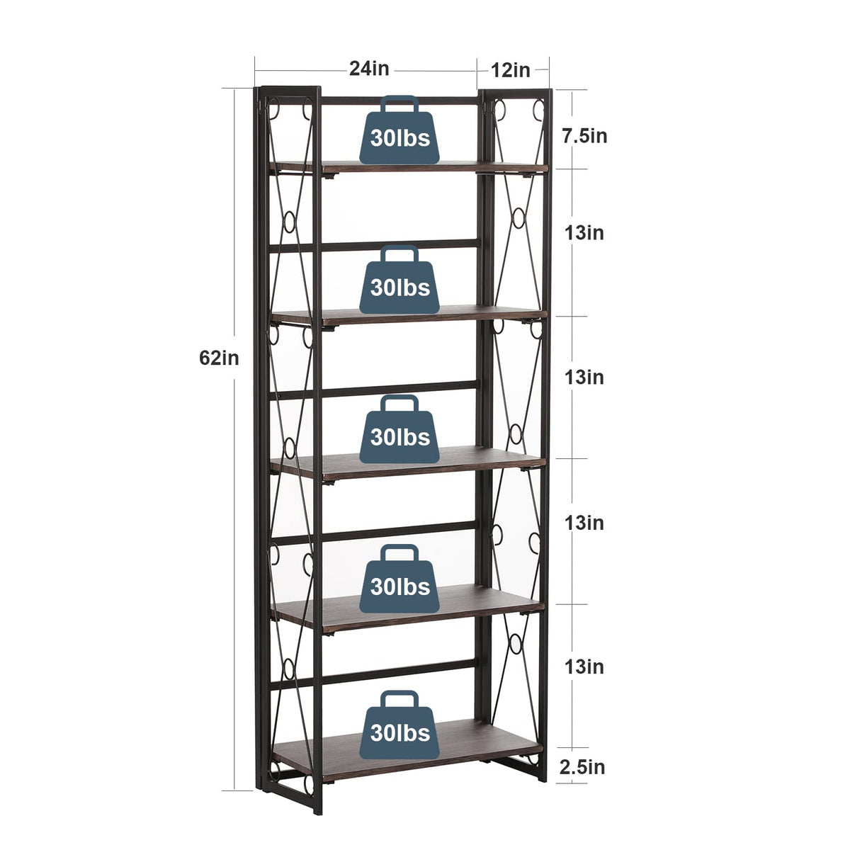 VECELO Folding Bookshelf,5 Shelf Bookcase No Assembly, Industrial Metal Frame Shelves Rack Organizer for Living Room, Office,Walnut 2 Set