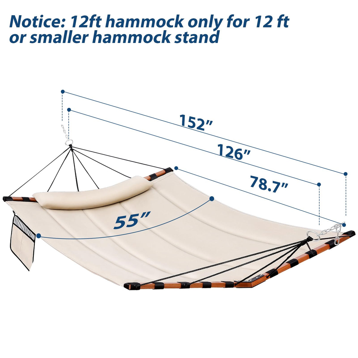 TegerDeger 12FT 2 Person Hammock with V Shaped Hardwood Spreader Bar & Nylon Rope for Outside, Patio, Garden, Backyard, Beach, Poolside, 450LB Capacity, 55in x 79in - Beige