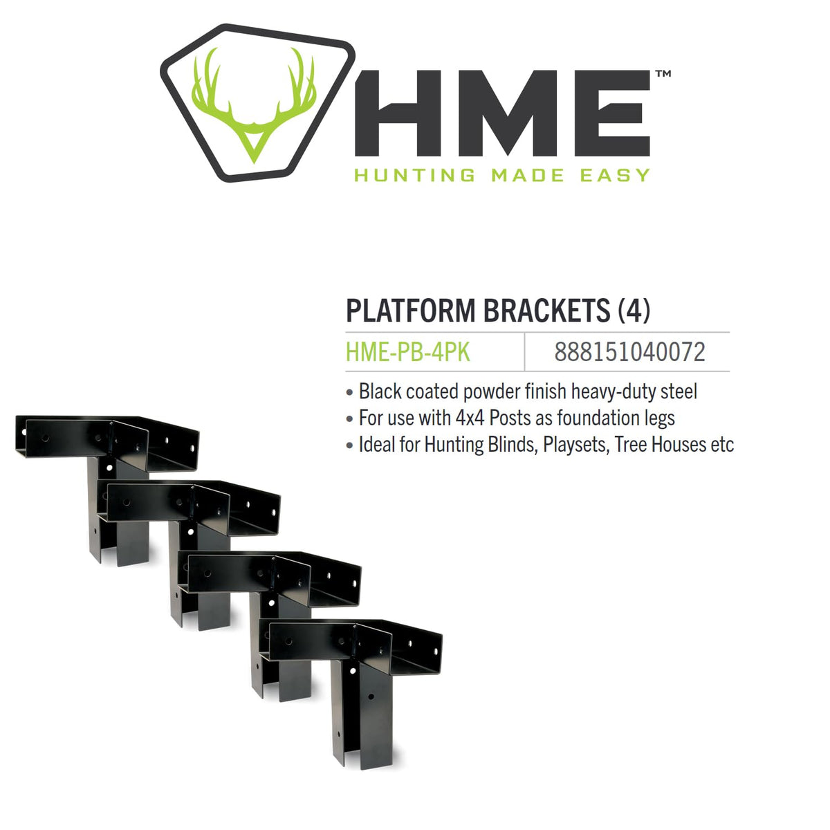 HME 11-Gauge Powder-Coated Steel Durable Ground Blind Platform Bracket 4 Pack - For Use With 4x4 Wooden Beams (Not Included)