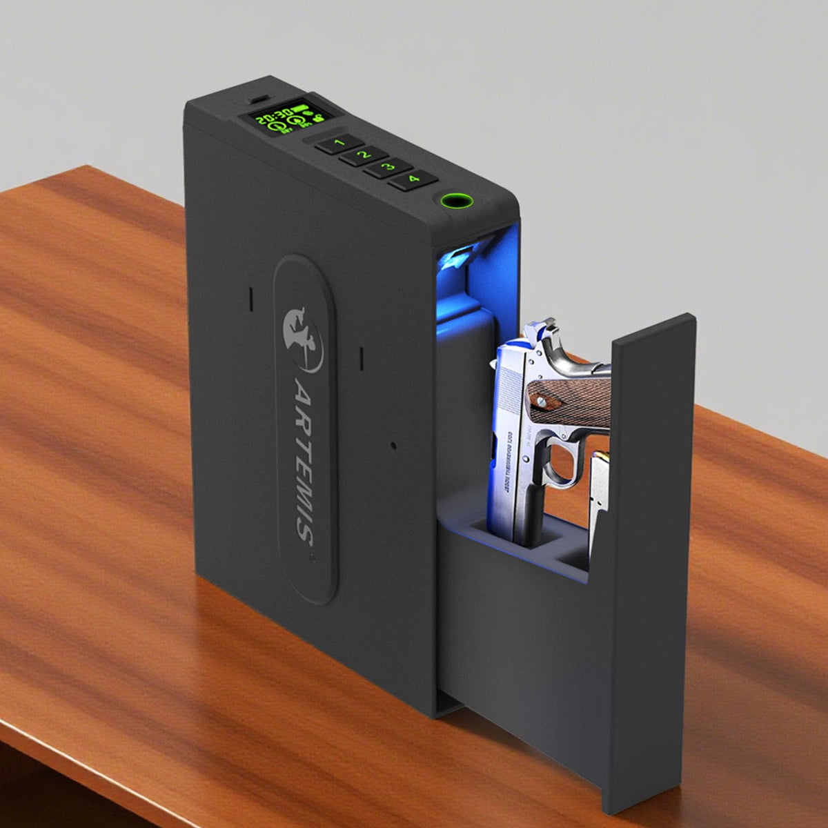 Biometric Slider Handgun Gun Safe for Home Nightstand,Cloakroom, Desk,Bed Side,Truck, Artemis Auto Sliding Door Hand Gun Safe for Pistol Unlock Fingerprint,Digital PIN,Key Access