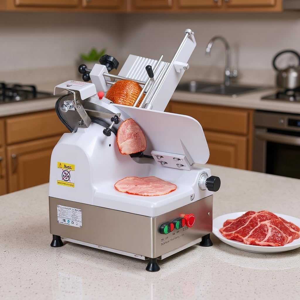 550W Commercial Meat Slicer, Automatic Meat Slicer Machine, Frozen Meat Deli Slicer with Adjustable Thickness From 0 to 15mm for Commercial and Home Use, Low Noise