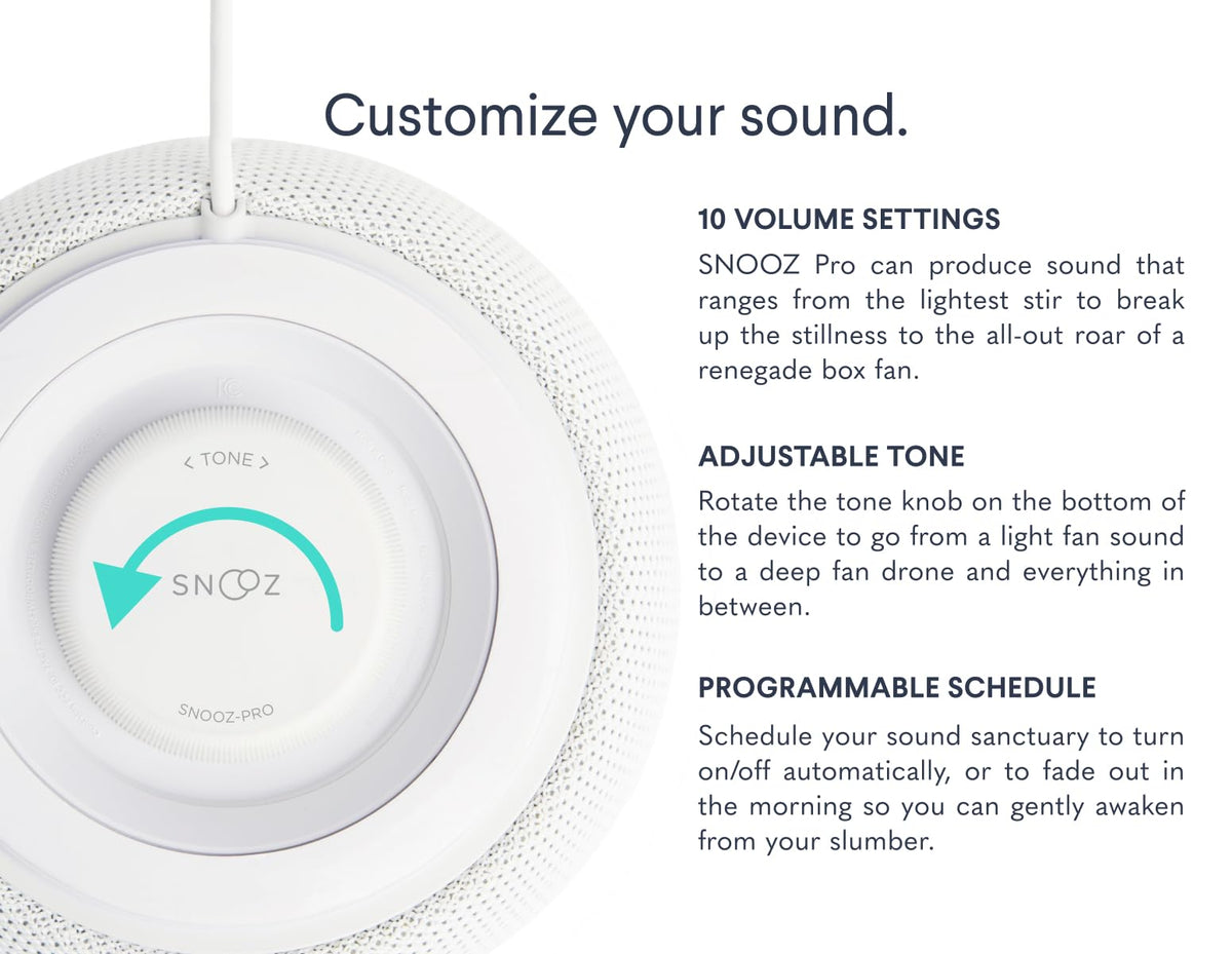 SNOOZ Pro White Noise Sound Machine - Natural Fan Noise, Non-Looping Sound, App Scheduler - Travel Case Included, Sleep Aid for Adults & Baby, 10 Volume Settings, Portable, Gift Registry - Cotton