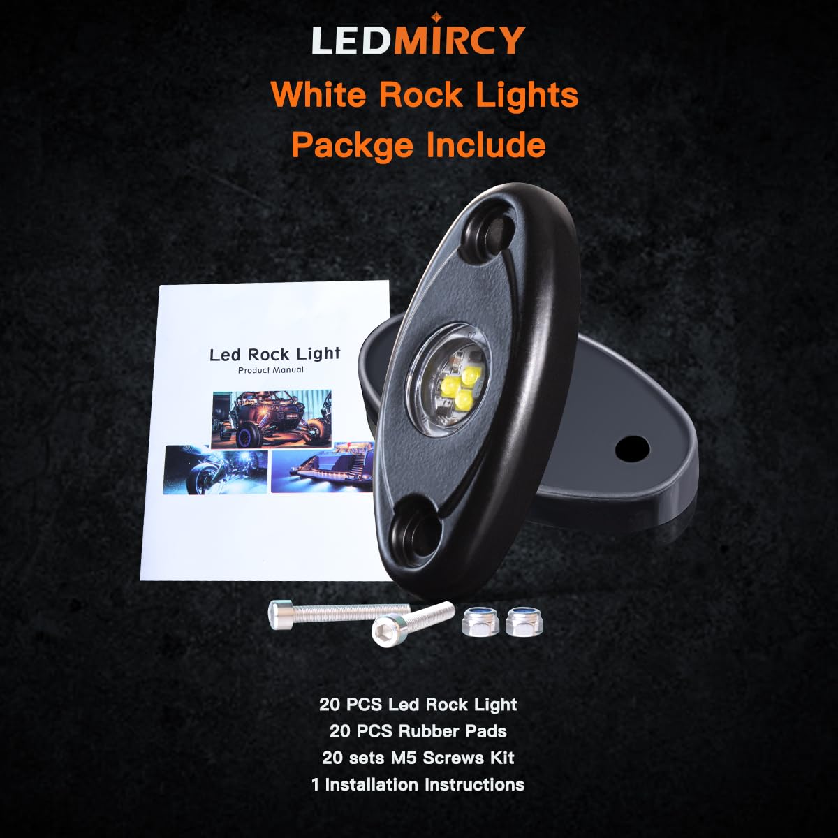 White Rock Lights,LEDMIRCY High Power Underbody Pure White LED Rock Lights for UTV Trucks Off Road RZR Auto Car Boat ATV SUV Waterproof High Power Neon Trail Rig Light Shockproof Pack of 20