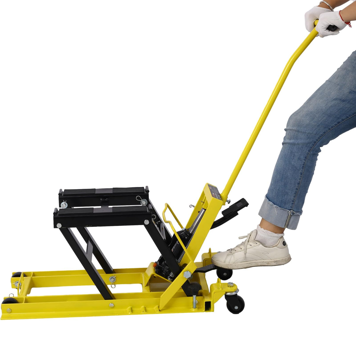 SPOFLYINN Hydraulic Motorcycle Lift Jack Foot-Operated Motorcycle Lift Table with 4 Wheels 1500 LBS Capacity 4.5" - 15" Lifting Range Yellow