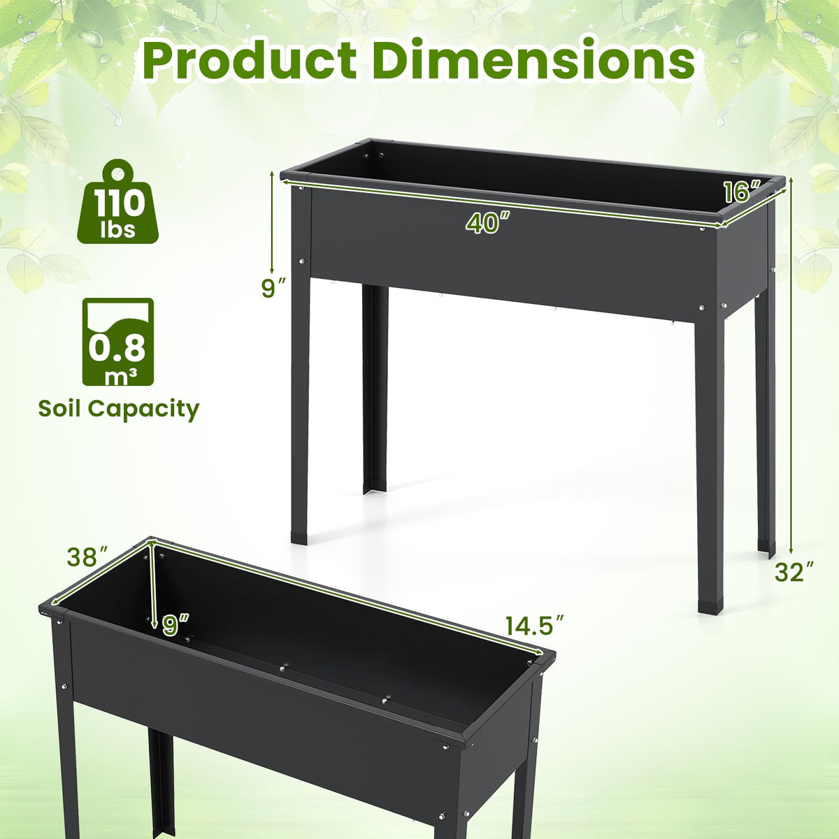 HAPPYGRILL Raised Garden Bed, Metal Elevated Planter Box w/Legs, Drainage Holes for Growing Vegetables Fruits Flowers, Indoor Outdoor Standing Plant Container for Backyard Patio (Black, 40”x16”x32”)