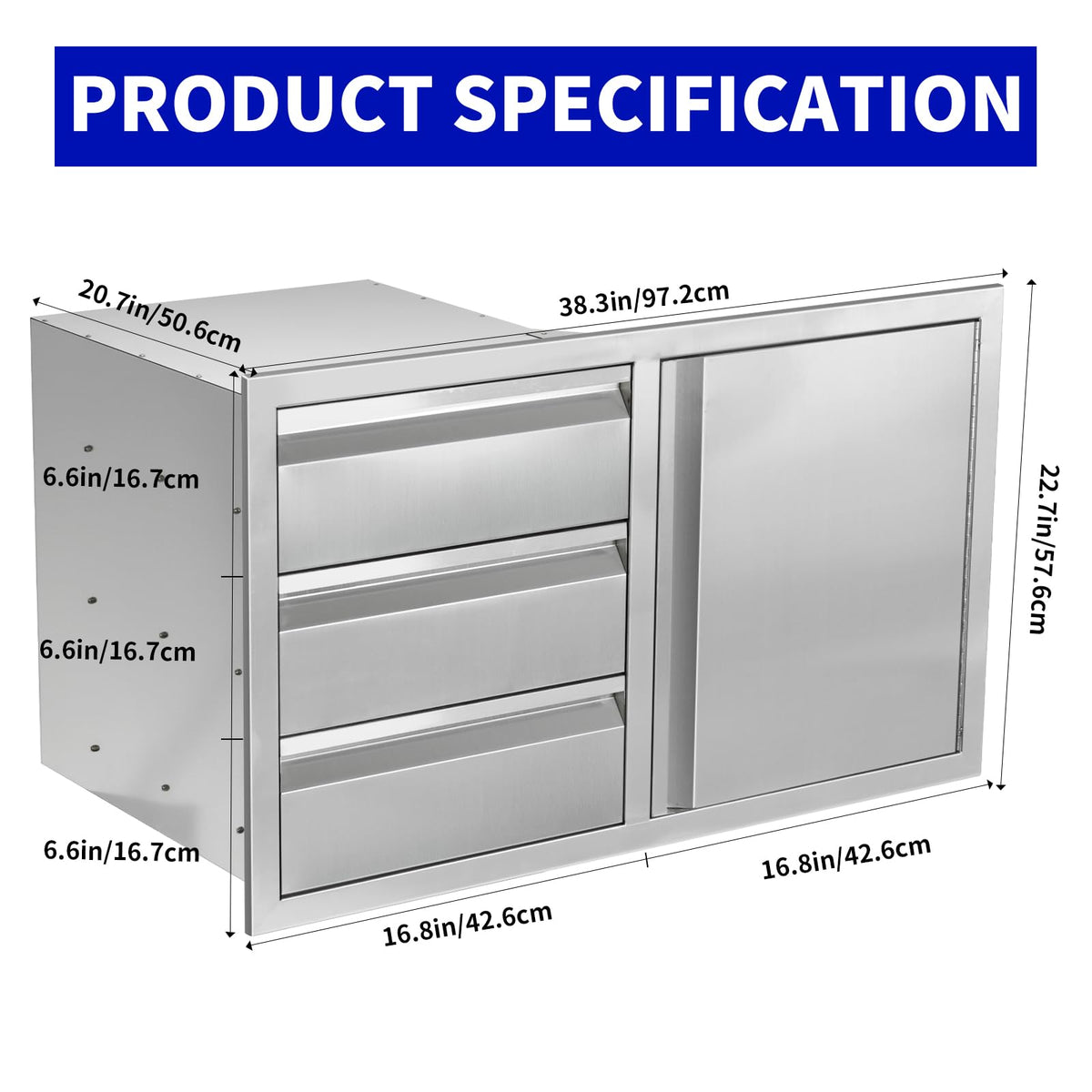 Outdoor Kitchen Door Drawer Combo Cabinet, Triple Drawers & BBQ Access Combo, Stainless Steel with Handles Cabinet for Outdoor Kitchen Island 38.1W x 22.6H x 20.8D (Right Door and Drawer Combo)