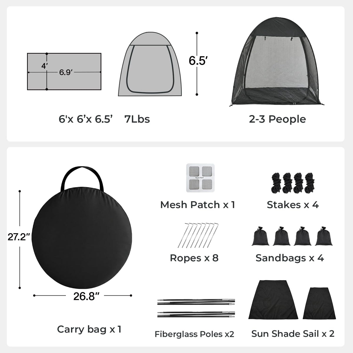 Alvantor® Pop Up Screen House Tent 6x6 FT, Snap-fit Black Mesh Screen Gazebo with Peaked Roof, Portable Screen Room Canopy Shelter with Sunshade & Sandbags for Camping, Backyard, Picnic