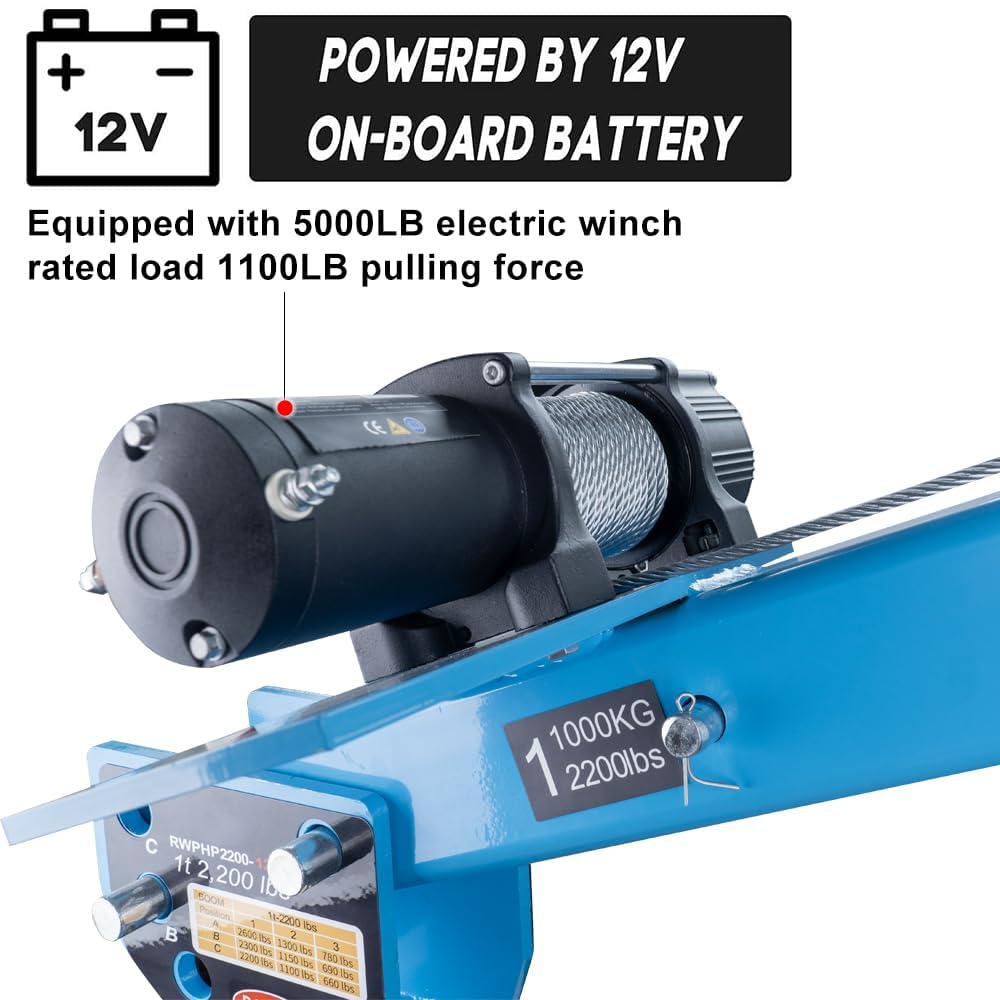 Pismire 1T/2200lb Folding Truck-Mounted Bed Crane - 5000lb 12V Electric Winch, 360° Swivel, Quick Removal Design, Painted Steel for Pickups,Blue