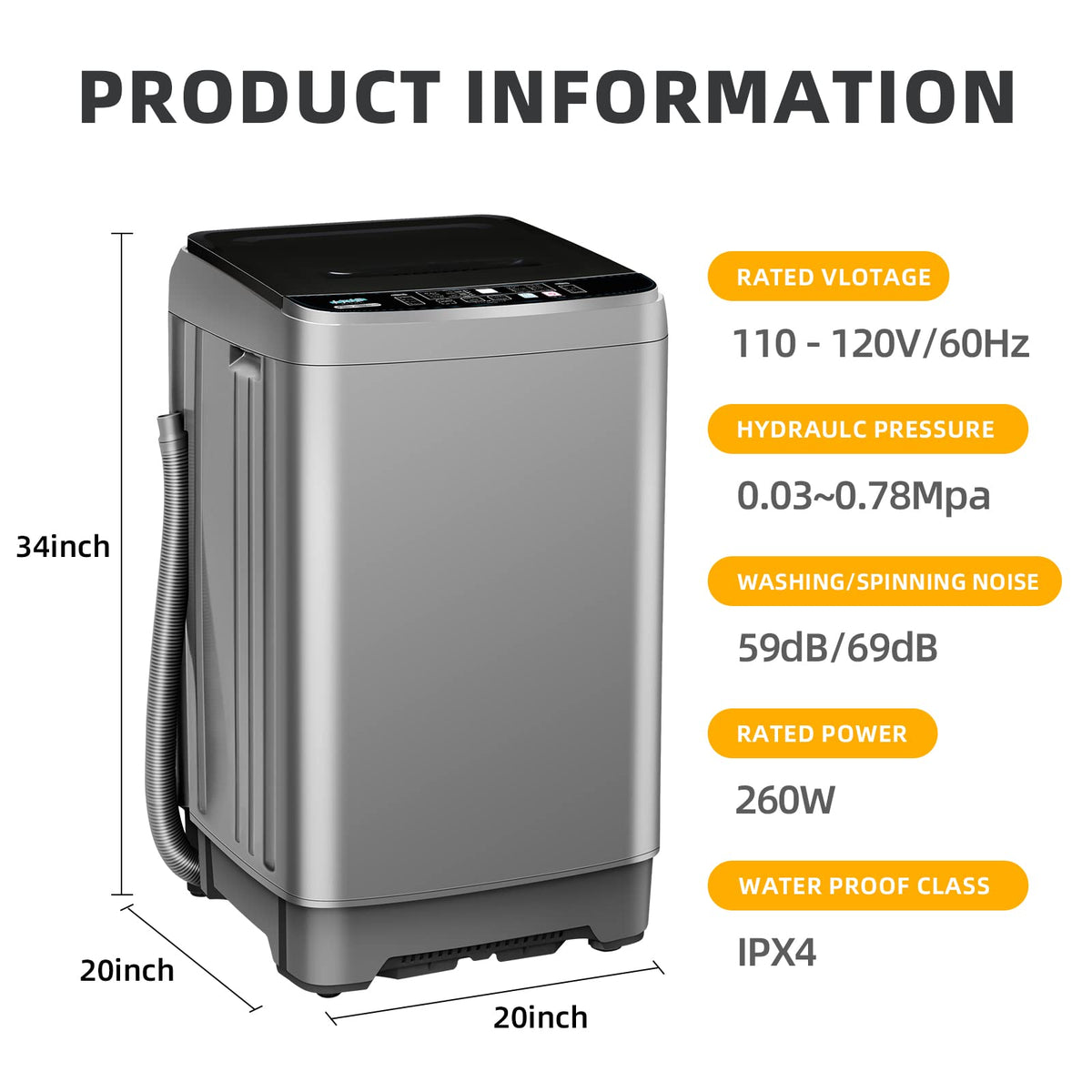 BORCOLO Portable Washing Machine, 17.7lbs Full-Automatic Small Washing Machine for Apartment, 10 Wash Programs with Drain Hose Dorm Size Portable Washer for RV, Home, College, Grey