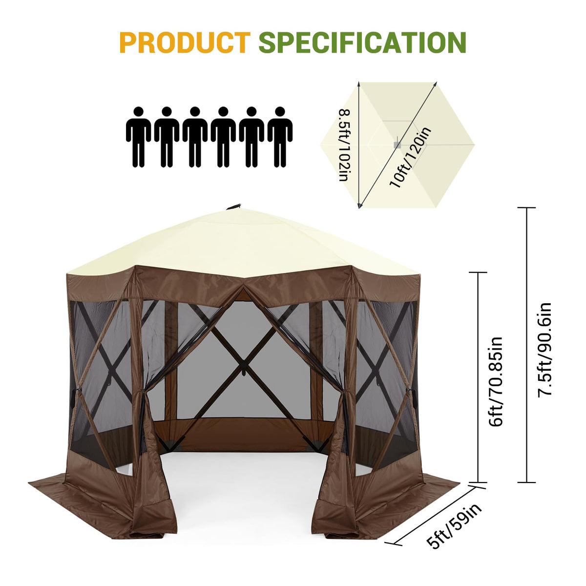 Pop Up Gazebo for Camping, 10x10ft Portable Outdoor Netting Canopy Shelter Tent, Folding Lightweight 6 Side Walls Screen House Tent with Storage Bag, Ground Stakes for Patio Backyard Party, Brown