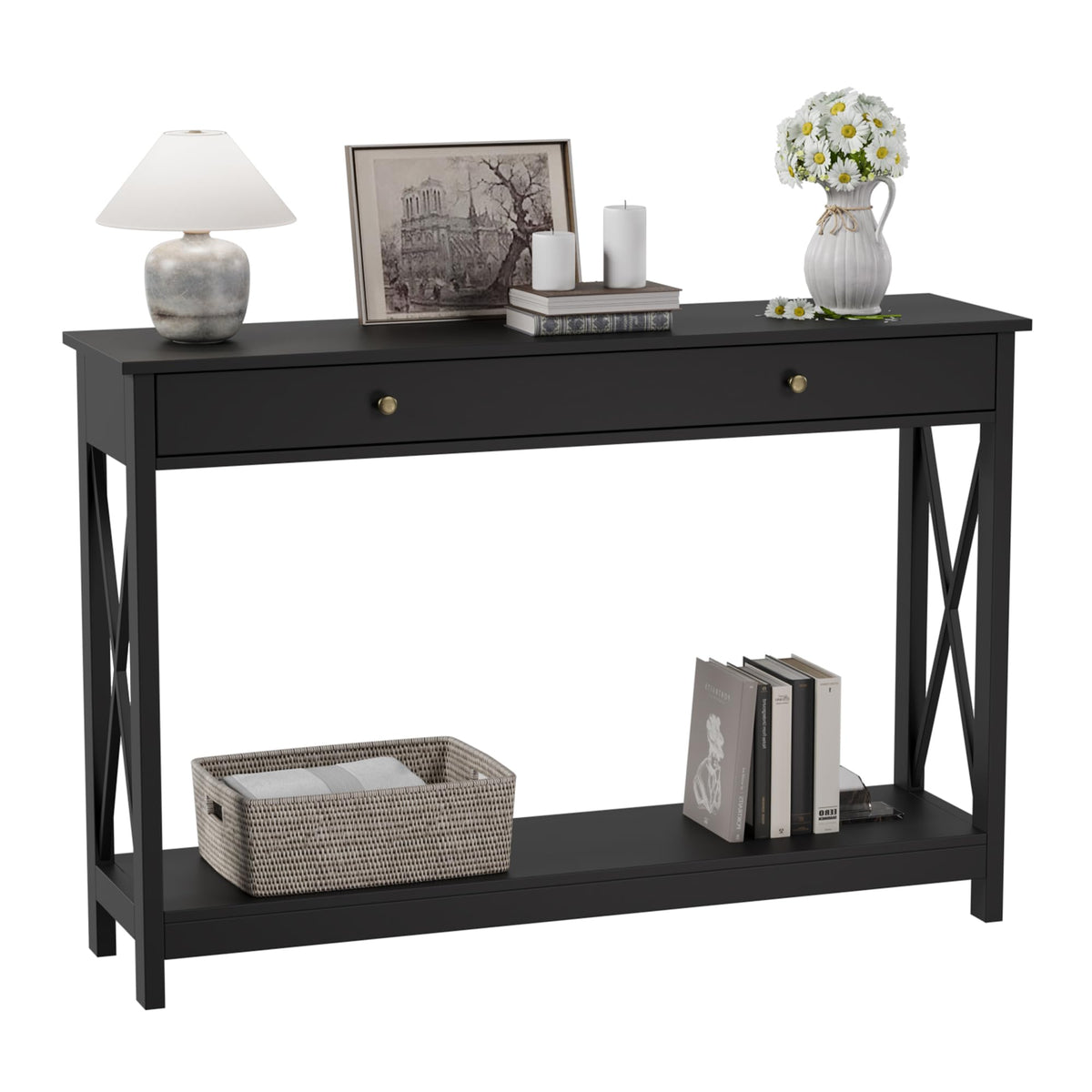 Treocho 47" Farmhouse Console Table with Drawer and Storage Shelves, Foyer Sofa Table Narrow for Entryway, Living Room, Hallway, Black