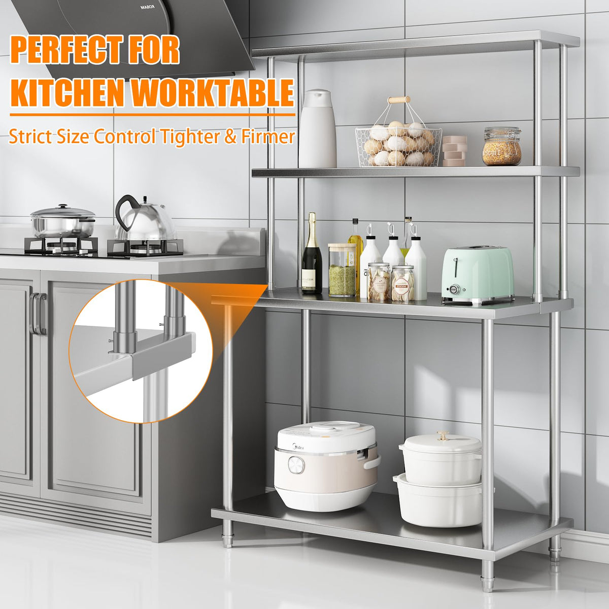 Garvee 12 in x48 in Stainless Steel Overshelf for Prep & Work Table, 360 LB Capacity Commercial 2 Tier Worktable Shelf, Adjustable Double Overshelf for Restaurant, Kitchen, Garage, Workshop
