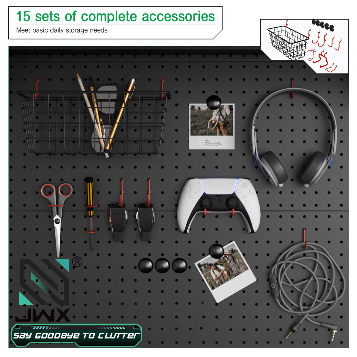 JWX DDB Gaming Pegboard Standing Shelf Units, Modular Pegboard and Shelf System with 15 Pieces Organizer Tool Holders