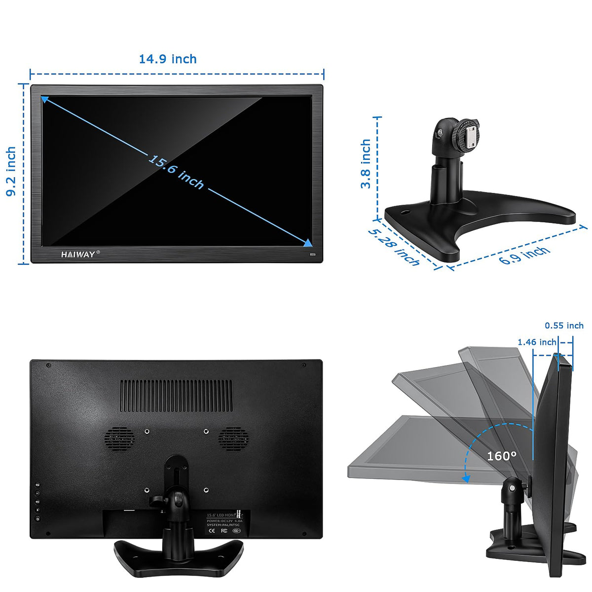 Haiway 15.6 inch Small Computer Monitor, High Resolution 1920x1080P Small hdmi Monitor with HDMI/VGA/BNC/AV/USB Port for PC, Laptop, CCTV Security Monitors with Remote Control, Built-in Speakers