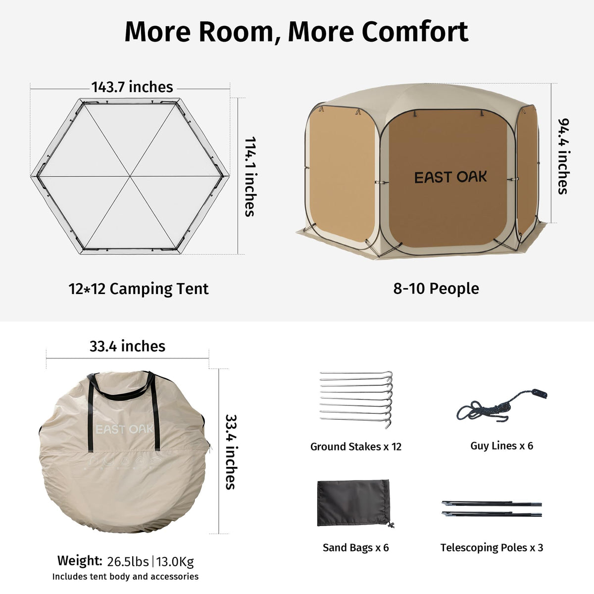 East Oak 12ร12 FT Pop Up Canopy Tent with Mosquito Netting | Outdoor Screen House with 6 Sunshades | Instant Canopy with Portable Carry Bag | Gazebo Tent for Camping, Patio, Backyard and Beach | Beige