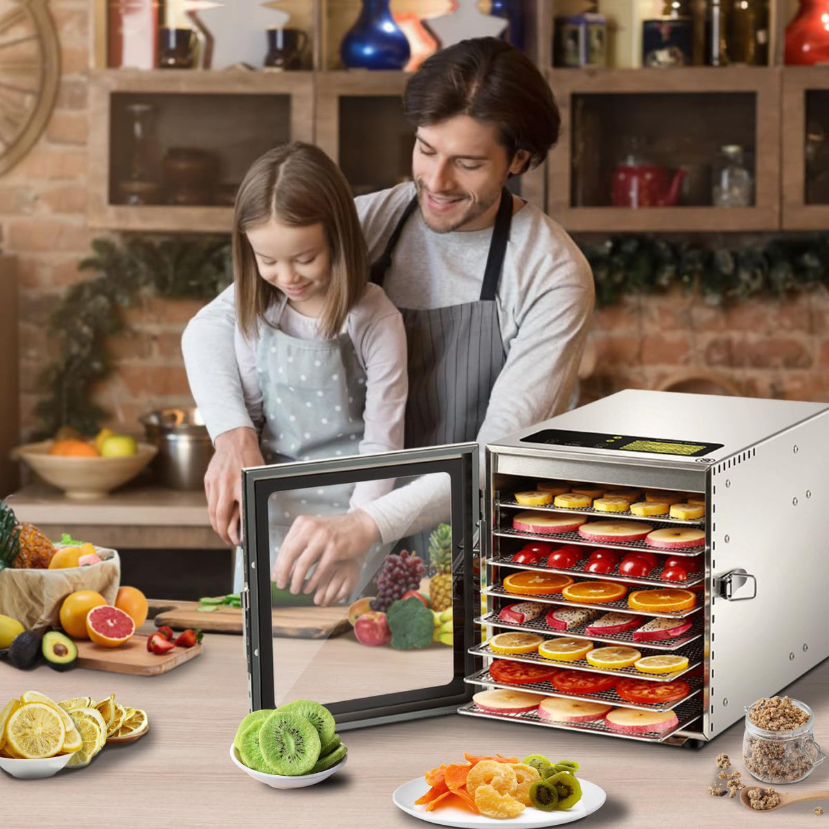 Cercker Food-Dehydrator Machine 8 Stainless Steel Trays, 500W Jerky Dehydrator for Meat, 190ºF Mushroom Dryer, 24H Timer Fruits Dryer for Herbs, Veggies, Yogurt & Dog Treats