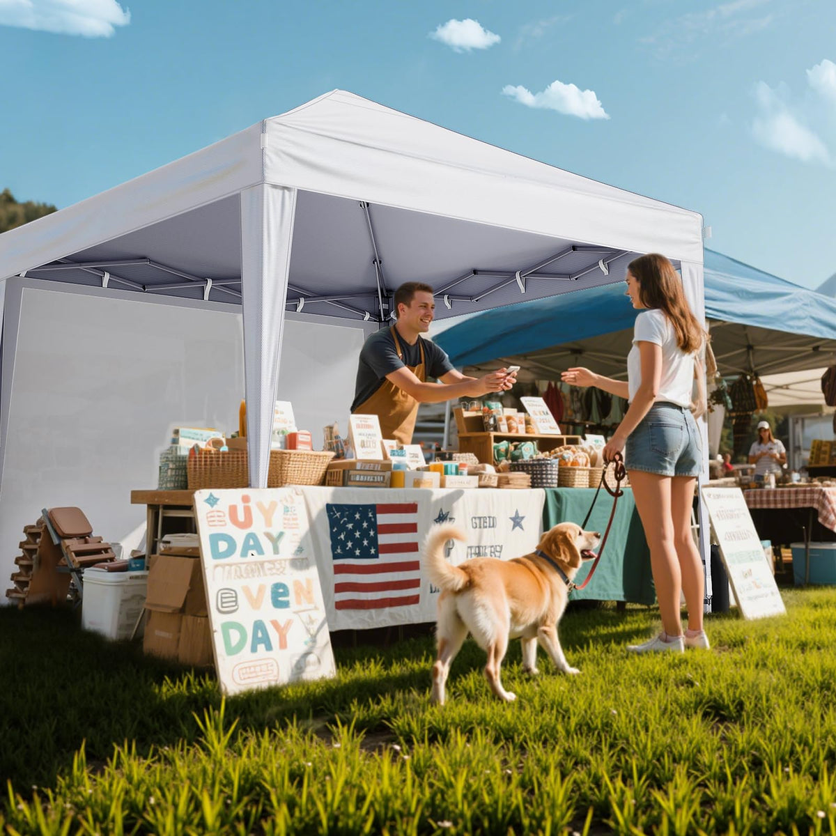 Driftalia 10x10 Pop Up Canopy with Sidewalls, Outdoor Instant Canopy Tent with Carry Bag for Commercial Events, Camping, Backyard Parties - White