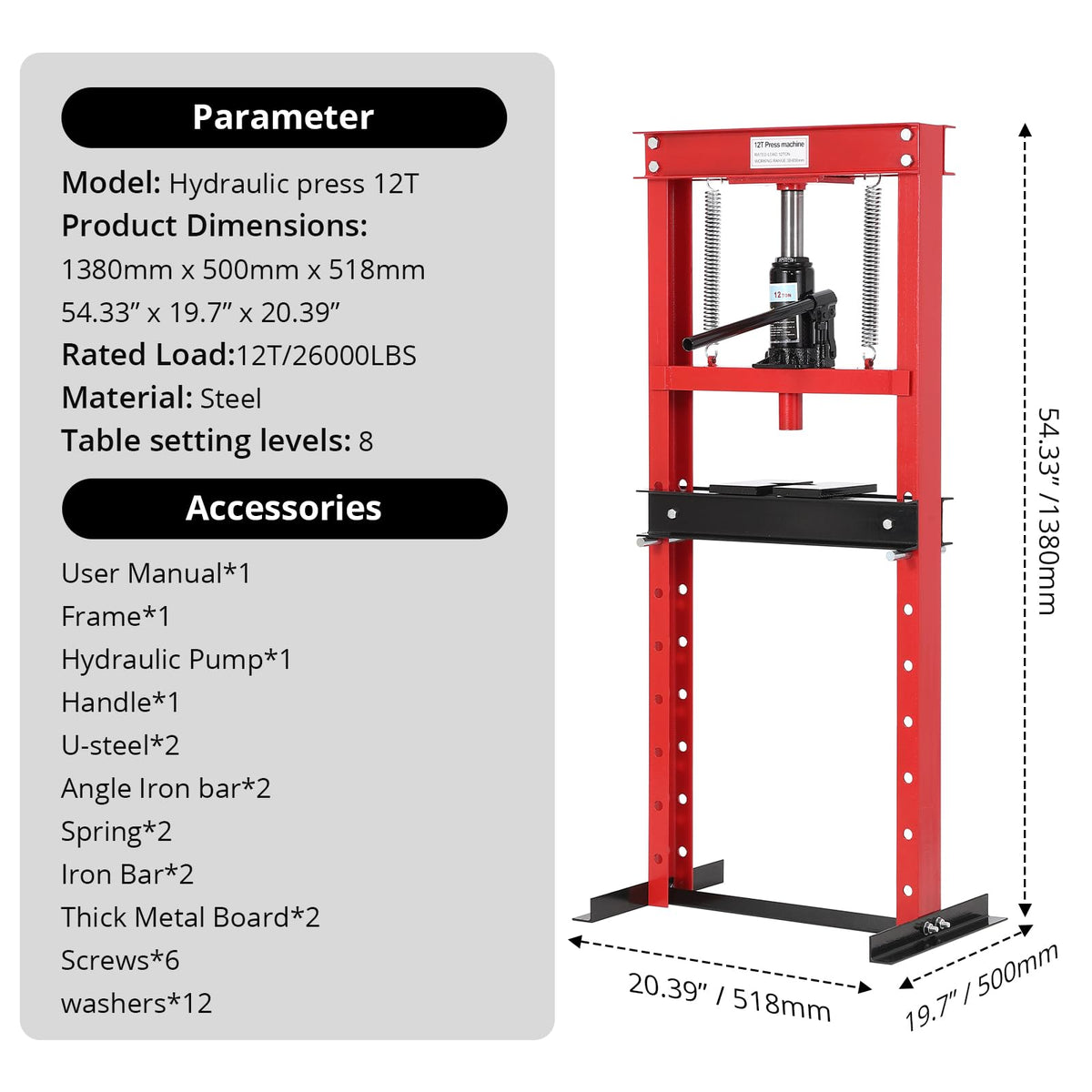 GarveeTech 12 T Hydraulic Press, H-Frame Bearing Press, Adjustable Working Table Height, Strong Load Capacity, for Car Repair Garage