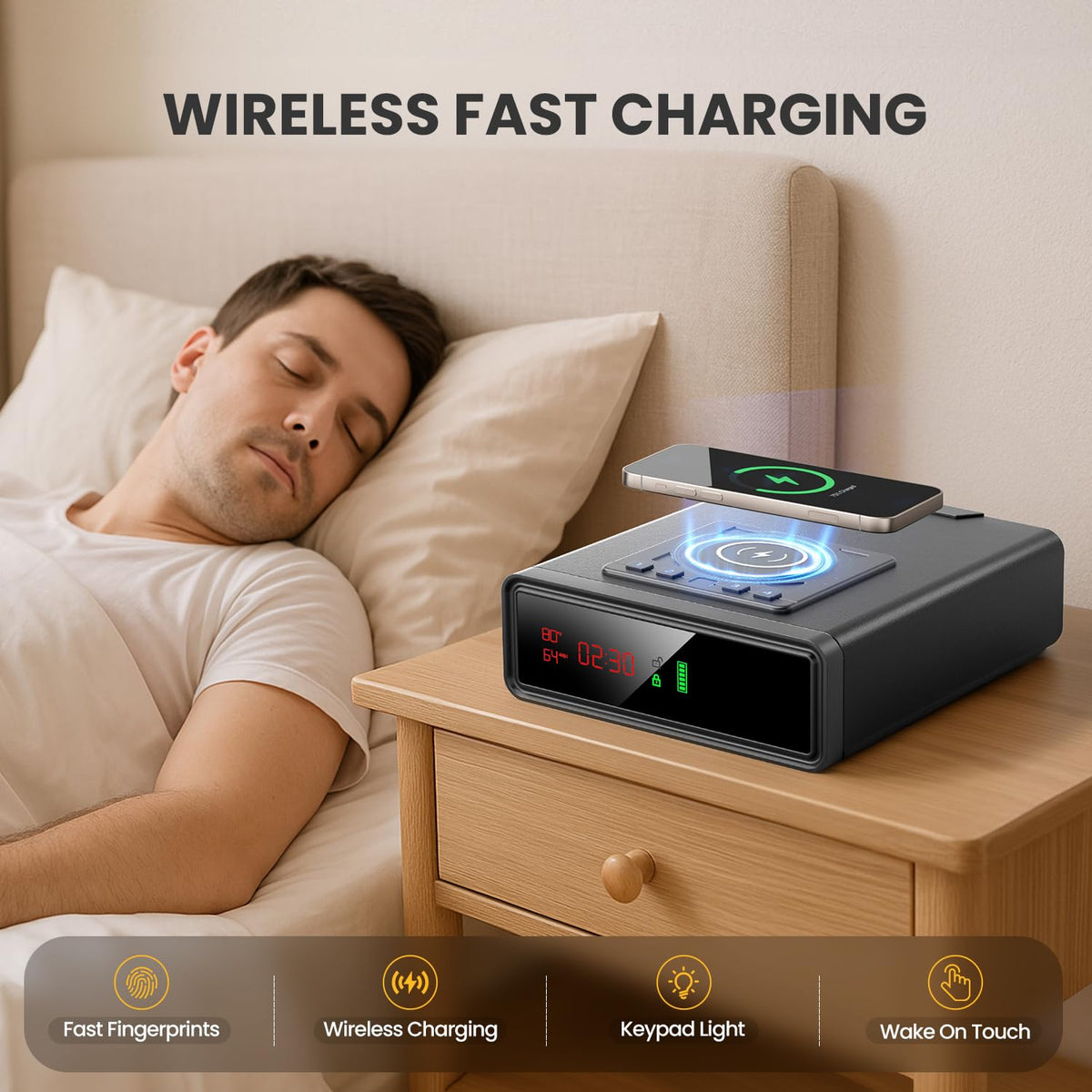 Biometric Smart Safe with Wireless Charging for Phone and Watch, Quick Access with Backlit Keypad,Auto Open Drawer Gun Lock Box with Humidity,Temperature, Digital Clock,LED Screen 1PCS