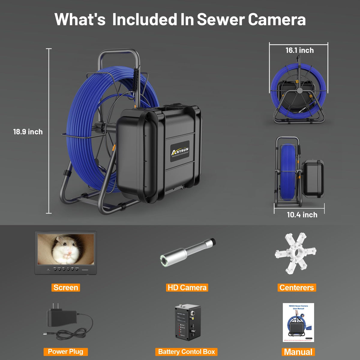 Anysun Sewer Camera with 512Hz Sonde, Self-Leveling 9" HD Screen DVR Recorder, 32GB Card, IP68 Waterproof Plumbing Pipe Borescope Inspection, 7mm Cable with Meter Marks(300FT)