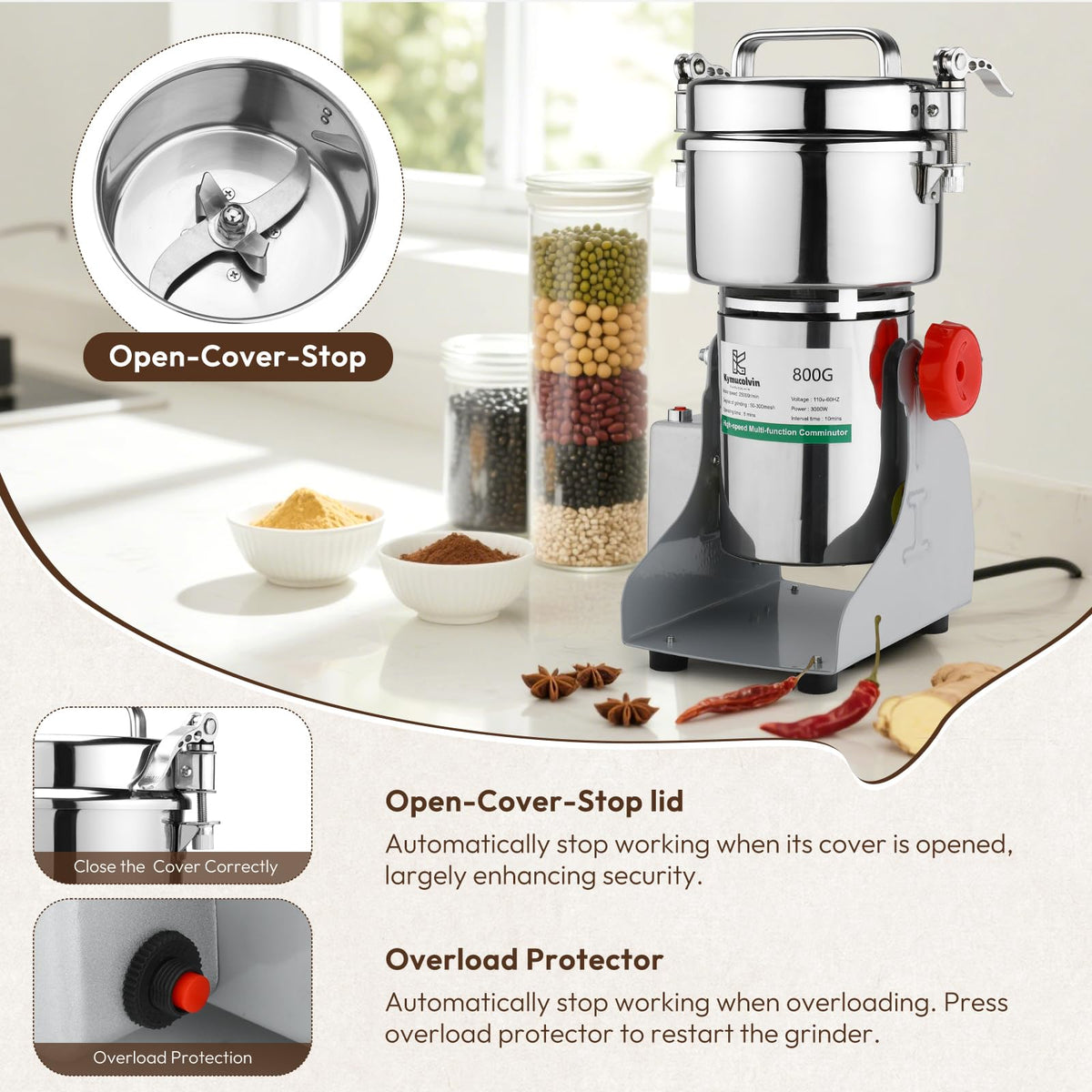 Kymucolvin Electric Grain Mill Grinder-1000g 110V 3500W Performance Grain Mill,Suitable For Kitchen, Household,Commercial Use of Crushing Dry Grains,Spices,Herbs,Coffee,Corn,Pepper Grinder. (1000g)