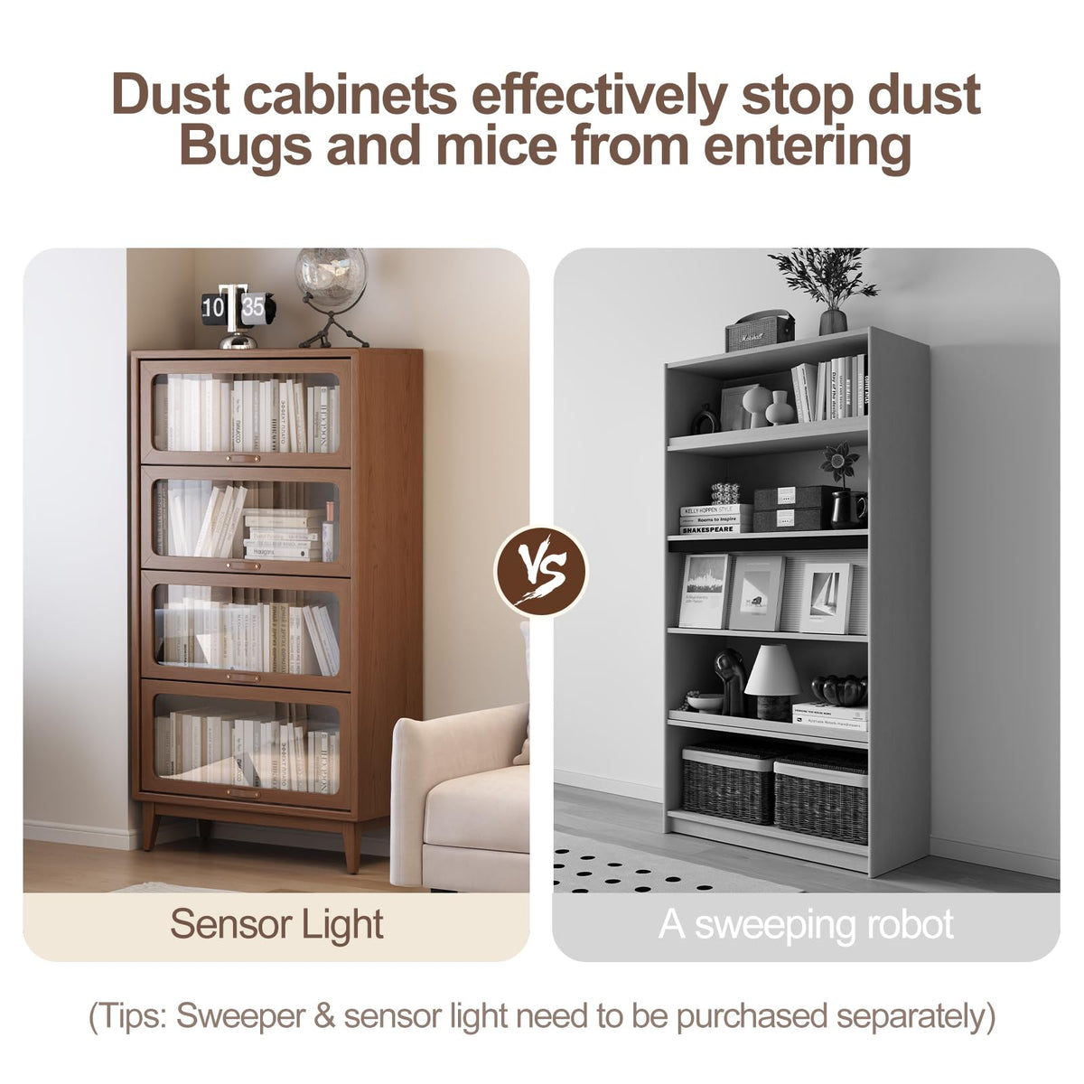 AnywaysWood 4-Layer Natural Wood Finish Solid Wood Bookcase 4-tire with Tempered Glass Flip-Up Doors,60Hx13.7Dx32W Bookshelves Finish Cube Storage Organizer