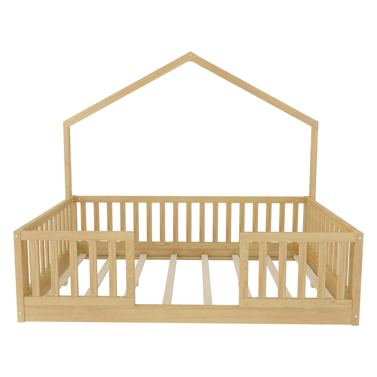KEIKI Full House Shaped Floor Bed, Kids Montessori Platform Bed Frame with Light & Tall Rails, Solid Beds Frames Full-Size for Boys Girls Bedroom, No Box Spring Needed, Easy Assembly, Brown