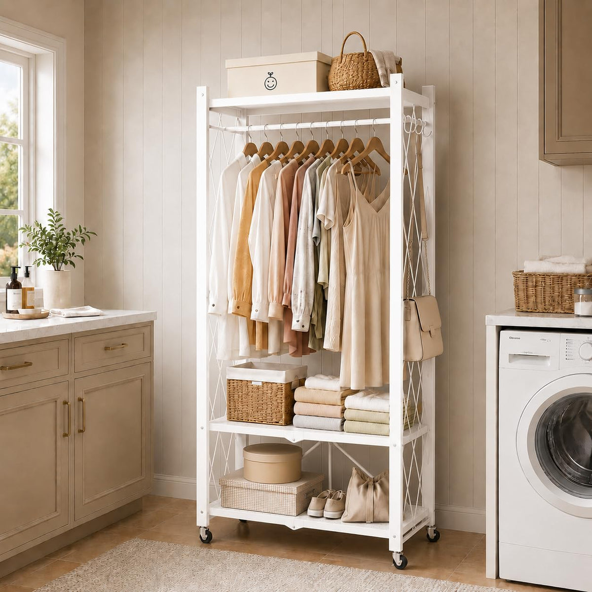 Sharkwave Living Foldable Clothing Rack with Wheels, Portable Folding Clothes Rack Organizer with Shelves and Side Hooks, Collapsible Wardrobe Closet for Bedroom or Laundry Room๏ผWhite