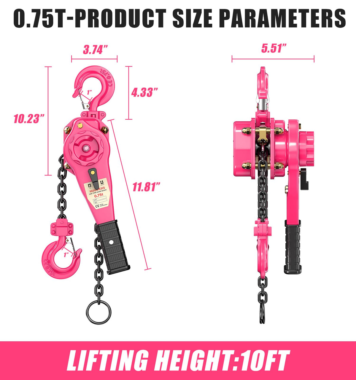 HUGOASIS 3/4 Ton 1650lbs Lever Chain Hoist Capacity 10ft,Chain Come Along with Dual Brake System, G80 Manganese Steel Chain, 2 Heavy Duty Hooks for Garages Warehouse Automotive Machinery – Pink