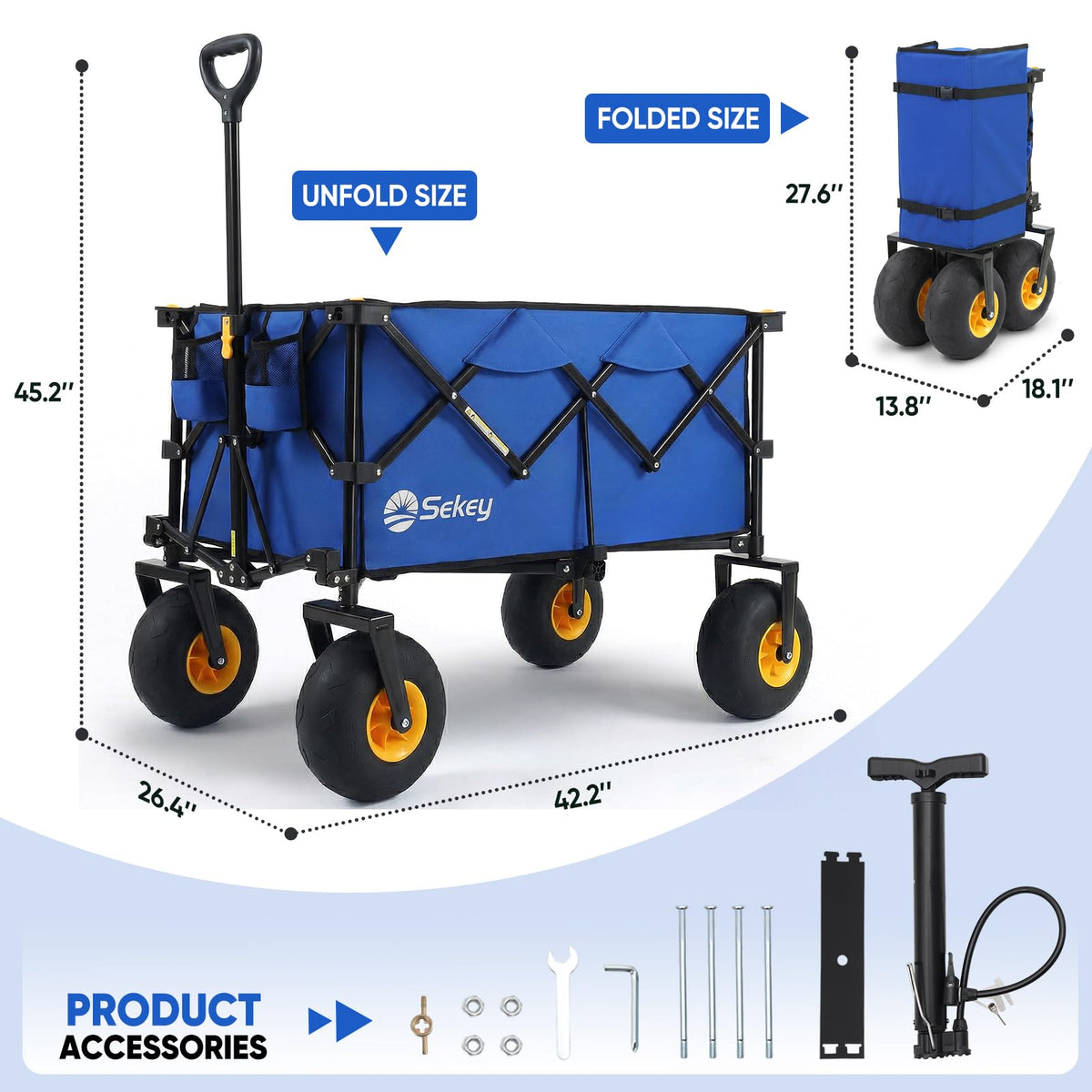 Sekey Heavy Duty Beach Wagon with 9" Big Sand-Proof Wheels โ 600lb Capacity, 200L Oversized Foldable Cart | Adjustable Handle & All-Terrain Tires for Sand, Camping, Groceries
