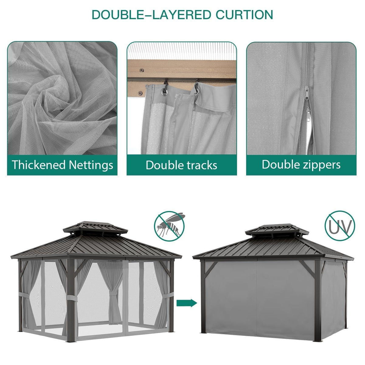 10x12 ft Hardtop Gazebo with Galvanized Steel Double Roof, Heavy Duty Galvanised Steel Hardtop Pavilion with Nettings and Curtains for Party, Wedding, Outdoor Dining, Patio, Backyard
