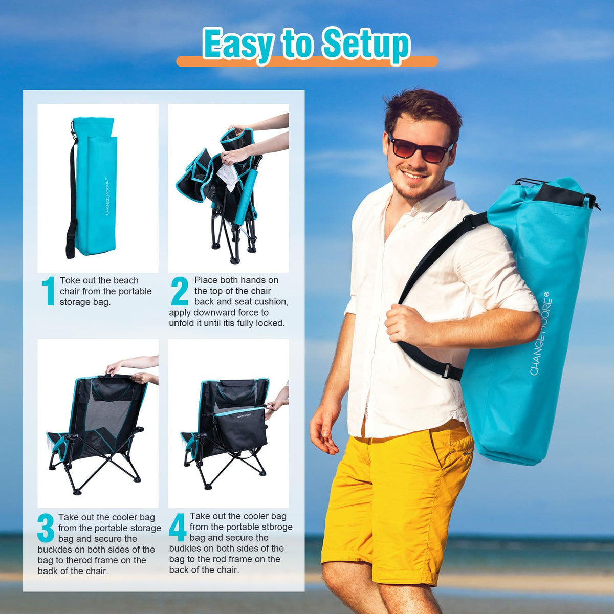 CHANGE MOORE Low Beach Chair with 2-in-1 Cooler Bag, Support up to 300lbs Folding Beach Chairs for Adults 2 Pack with Cup Holder, Removable Pillow & Carry Bag for Outdoor Sand Lawn Picnic Travel Blue