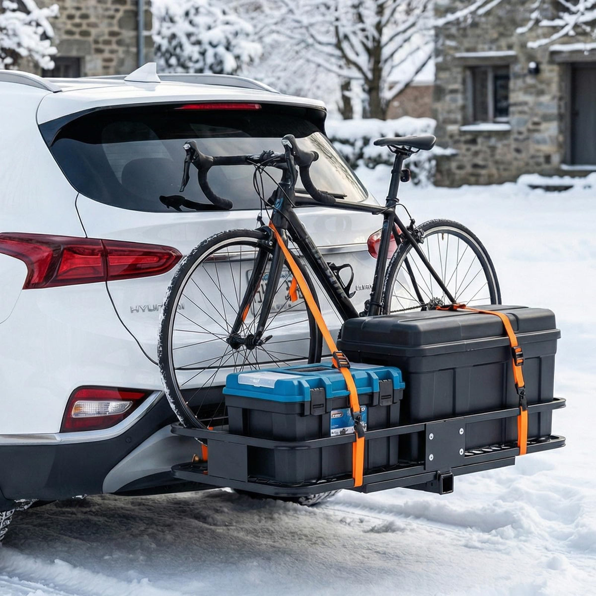 KMFurnila Folding Hitch Mount Cargo Carrier, 60.1" x 20" x 6" Steel Rack with 500 lbs Capacity, Includes Waterproof Bag, Cargo Net, Combination Lock, Straps and Hitch Stabilizer