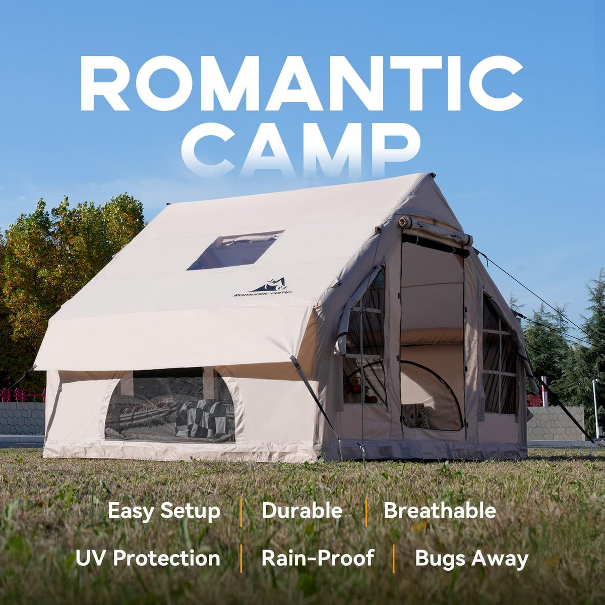 Romantic Camp Inflatable Camping Tent with Pump,4-6 Person Waterproof Blow Up Air Tent for Camping Hiking,Easy to Set Up 4-Season Inflatable House Tent with Oversized Canopy(75FT²).