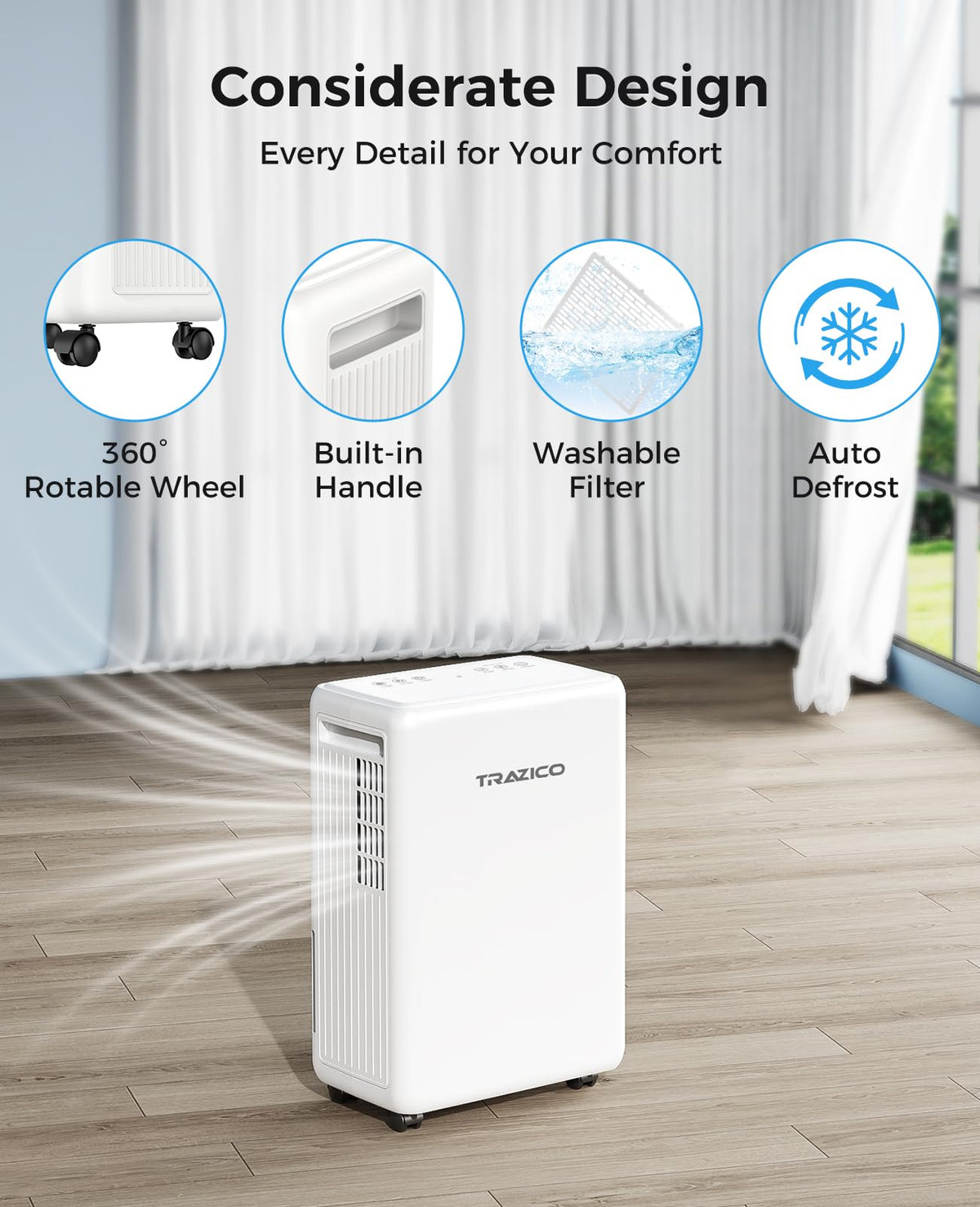 2000 Sq.ft Dehumidifier for Basement, Trazico 30 Pint Dehumidifiers for Home Large Room Bedroom Bathroom with Drain Hose, Intelligent Humidity Control, 3 Modes, 24H Timer, Auto Defrost, White
