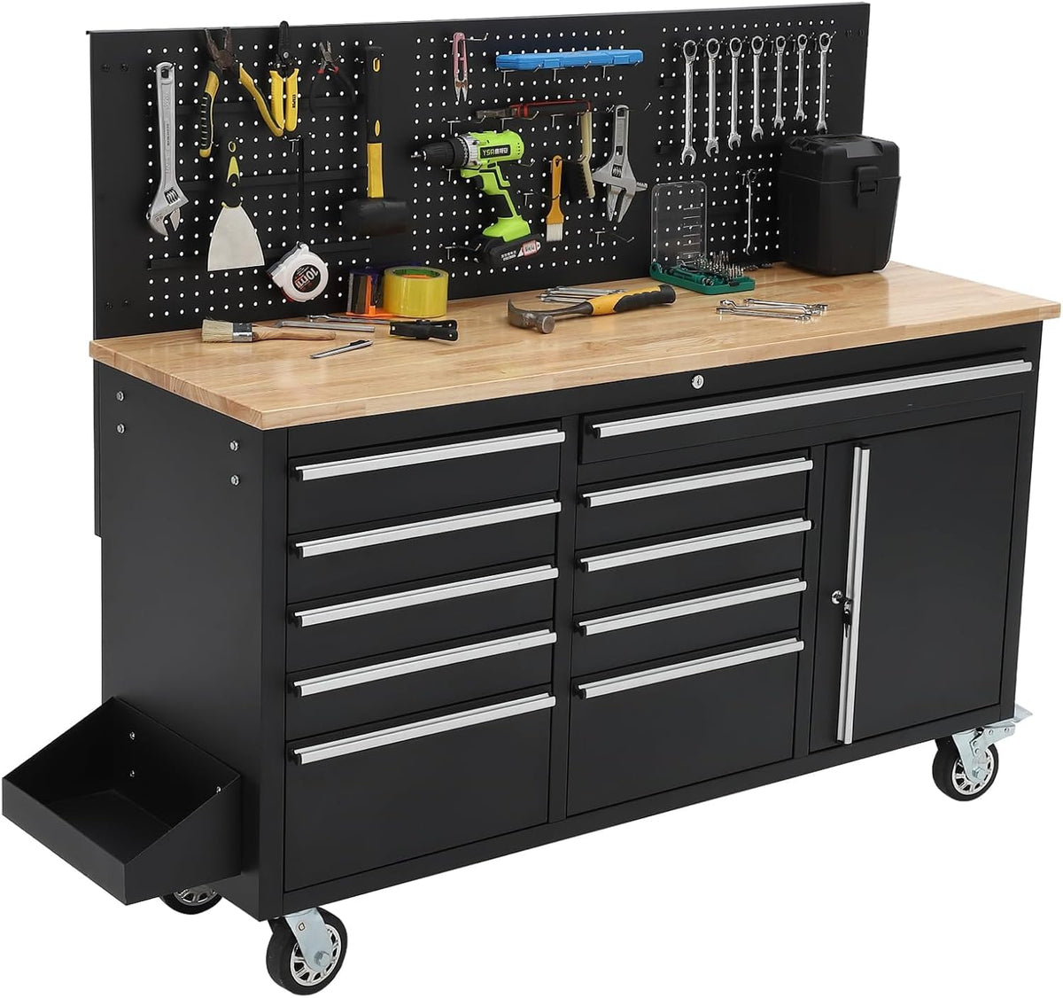GarveeLife 61-Inch Rolling Tool Chest with 10 Drawers Garage Workbench, Solid Rubberwood Top, Storage Cabinet with Wheel Lock and Key Lock for Workshop, Garage, Kitchen and Home