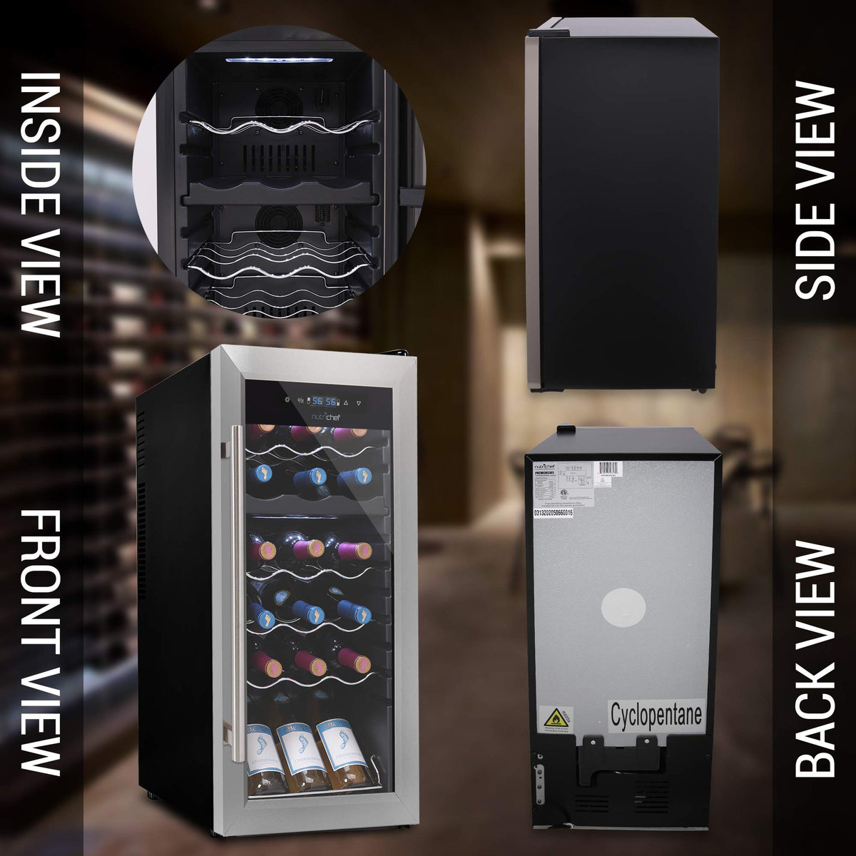 NutriChef 18 Bottle Wine Fridge | Dual Zone Wine Chiller | Adjustable Temperature 41°F to 64°F | Ultra Quiet Operation | Wine Cooler For Home & Office | Free Standing 32x13x19 IN | Black