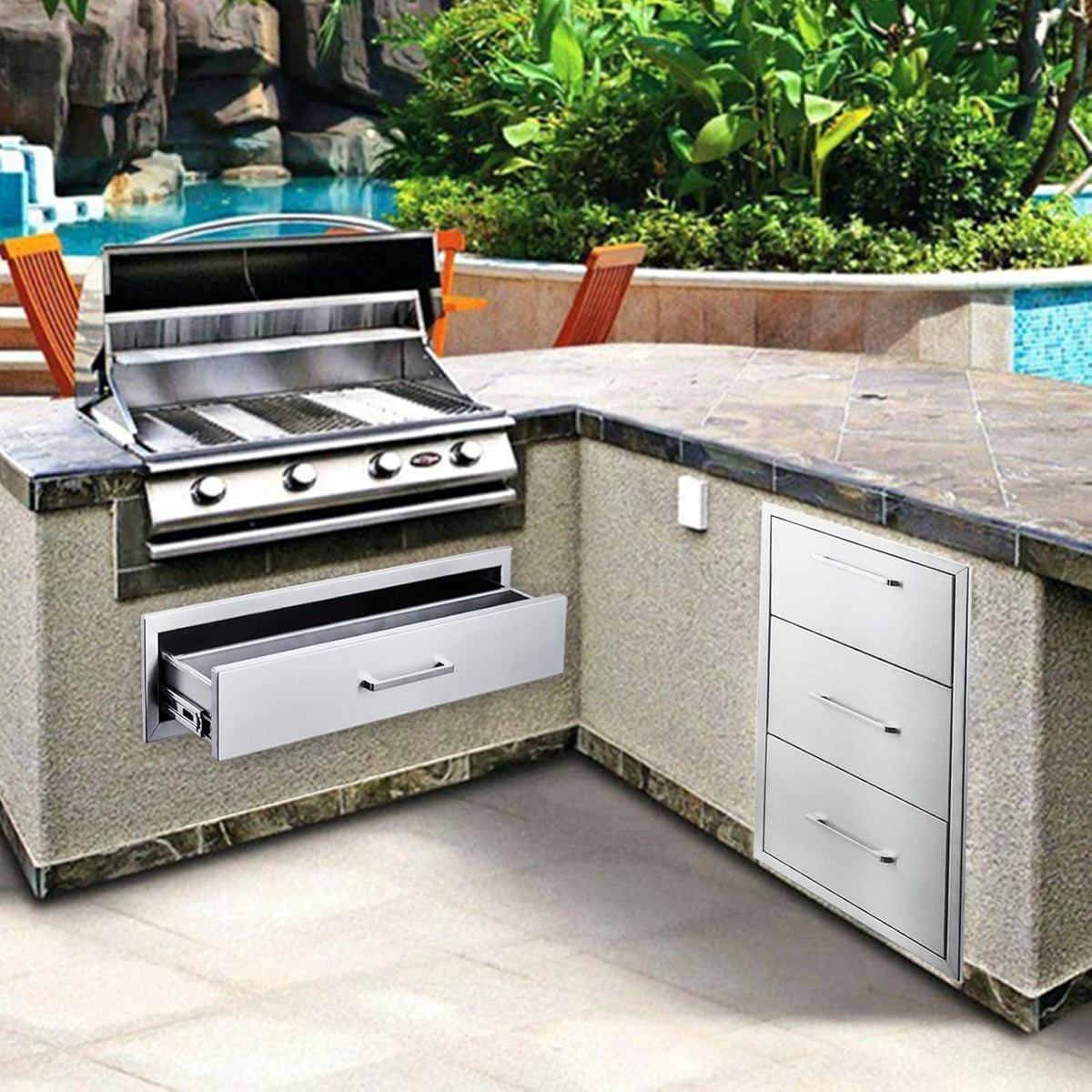 17W30H21D Inch Outdoor Kitchen Drawers Stainless Steel Double Drawer w/Paper Towel Holder Combo Works with Your Grilling or Prep Zones for Outdoor BBQ Island
