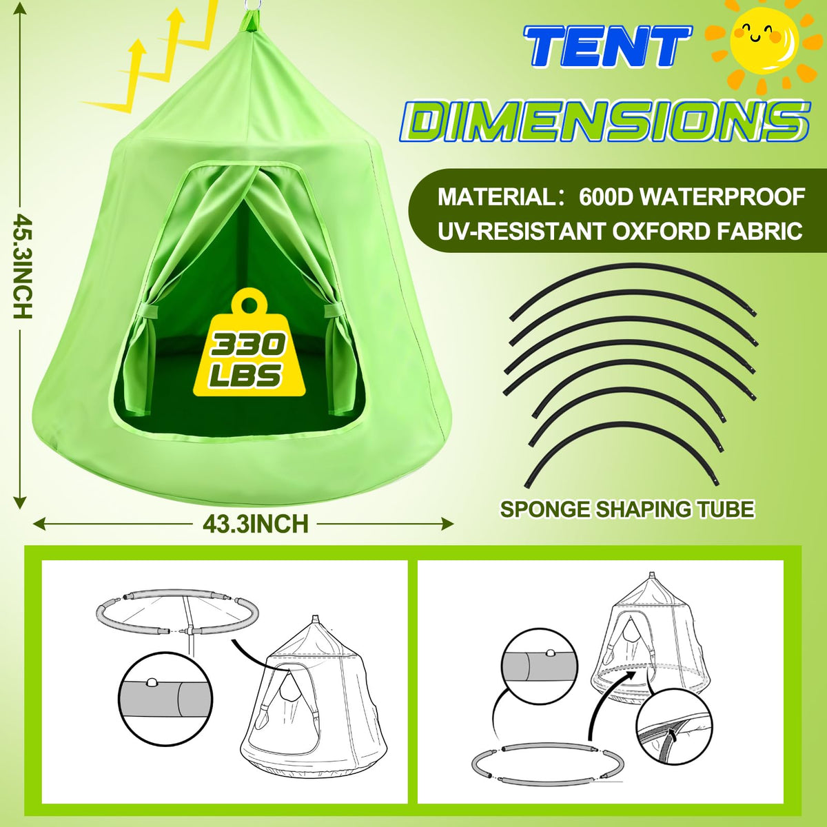 LaRandom X-Shaped Swing Stand Frame with Tent Sensory Swing for Kids Adults Indoor Outdoor Use 330 Lbs Capacity Detachable Heavy Duty Hanging Chair Hammock Nest Pod with Stand for Mutiple Kids(Green)