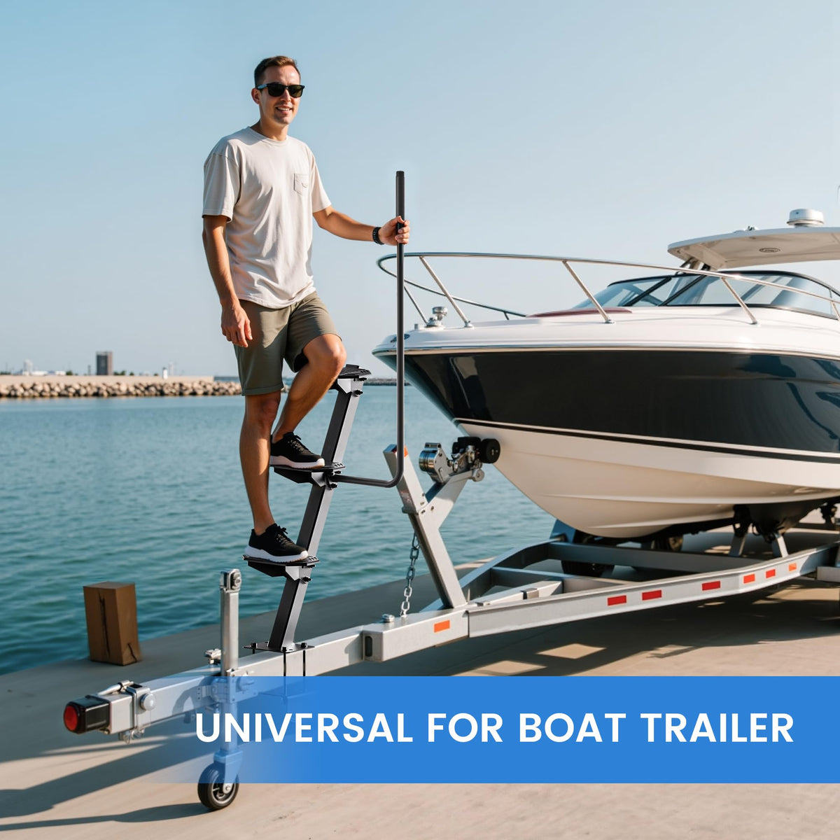 Heavy-Duty Boat Trailer Steps,Boat Trailer Tongue Steps with Anti-Slip Handrail,EVA Anti-Slip Mat,450Lbs Capacity,Multiple Installation Angles,4 Steps