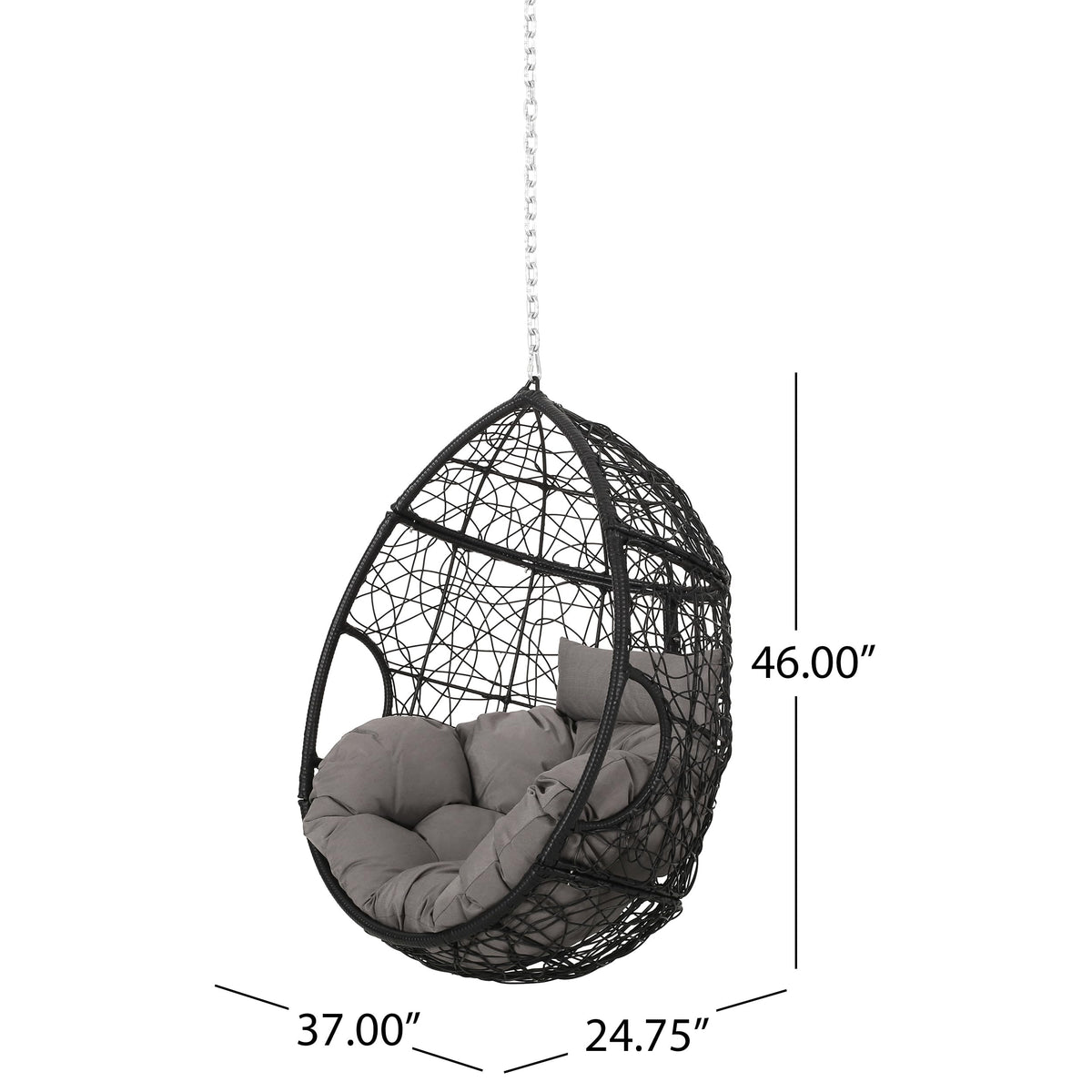 Merax Modern PE Wicker Egg Hanging Chair with Cushion, Outdoor Swing Rattan Chair for Balcony Bedroom, Backyard Gray+Black