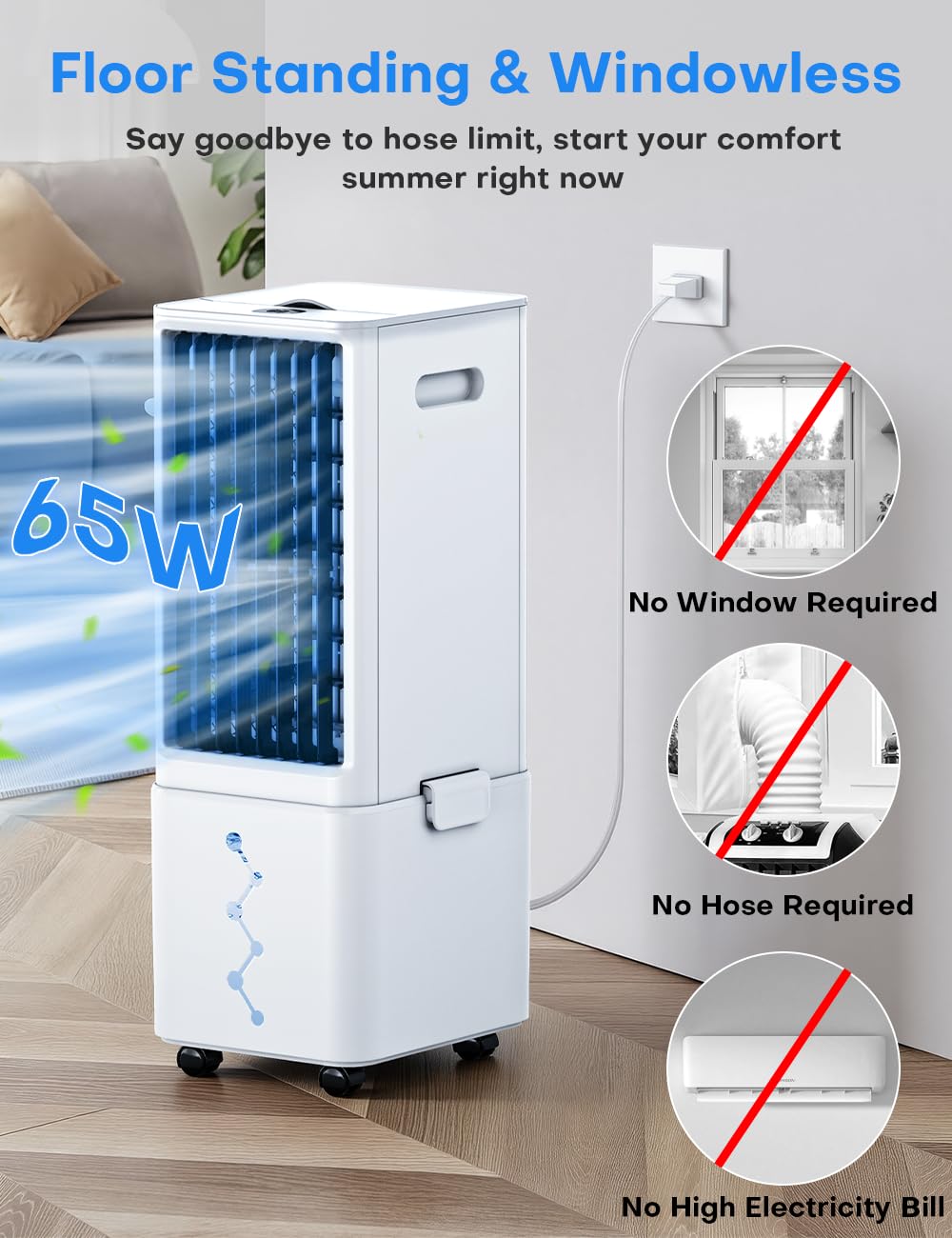 COOLECH Windowless Air Conditioner w/4 Mode&3 Speed, Waterless Alert, 2.4-Gal Tank for 24H Cooling, 12H Timer,20FT Remote, 70ยฐ Auto Swing Evaporative Air Cooler, Portable Air Conditioners for Bedrooms