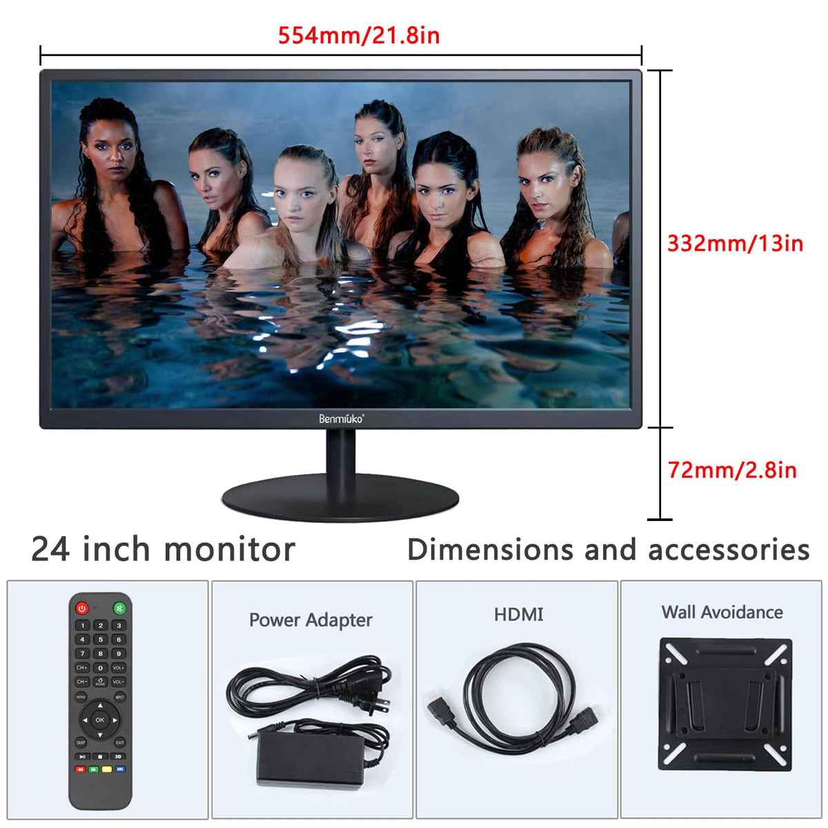 Benmiuko 24 inch Monitoring Display Screen Security Camera Monitor LCD Multi Functional Interface HDMI, BNC, VGA, AV, USB Input CCTV Computer Monitors Built in Speaker 1920x1080 Full HD