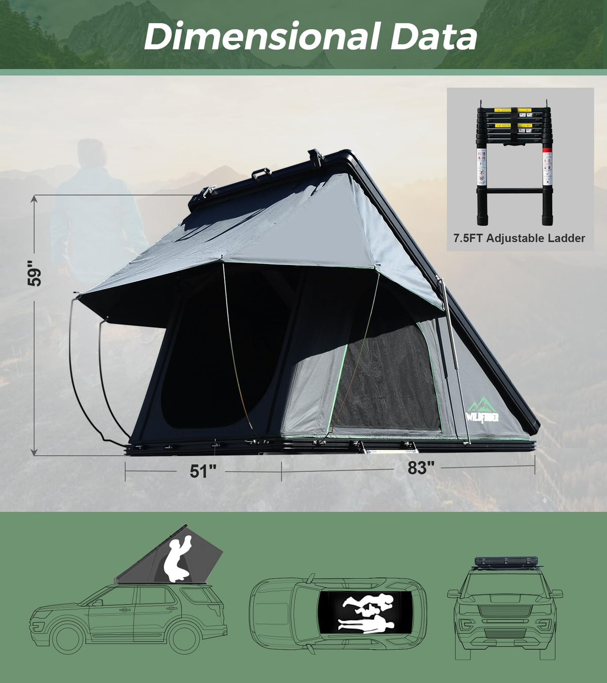 WildFinder Rooftop Tent Hard Shell Roof Top Tent Hardshell Suitable for Jeep SUV Truck Van, 2-3 Person, Gray